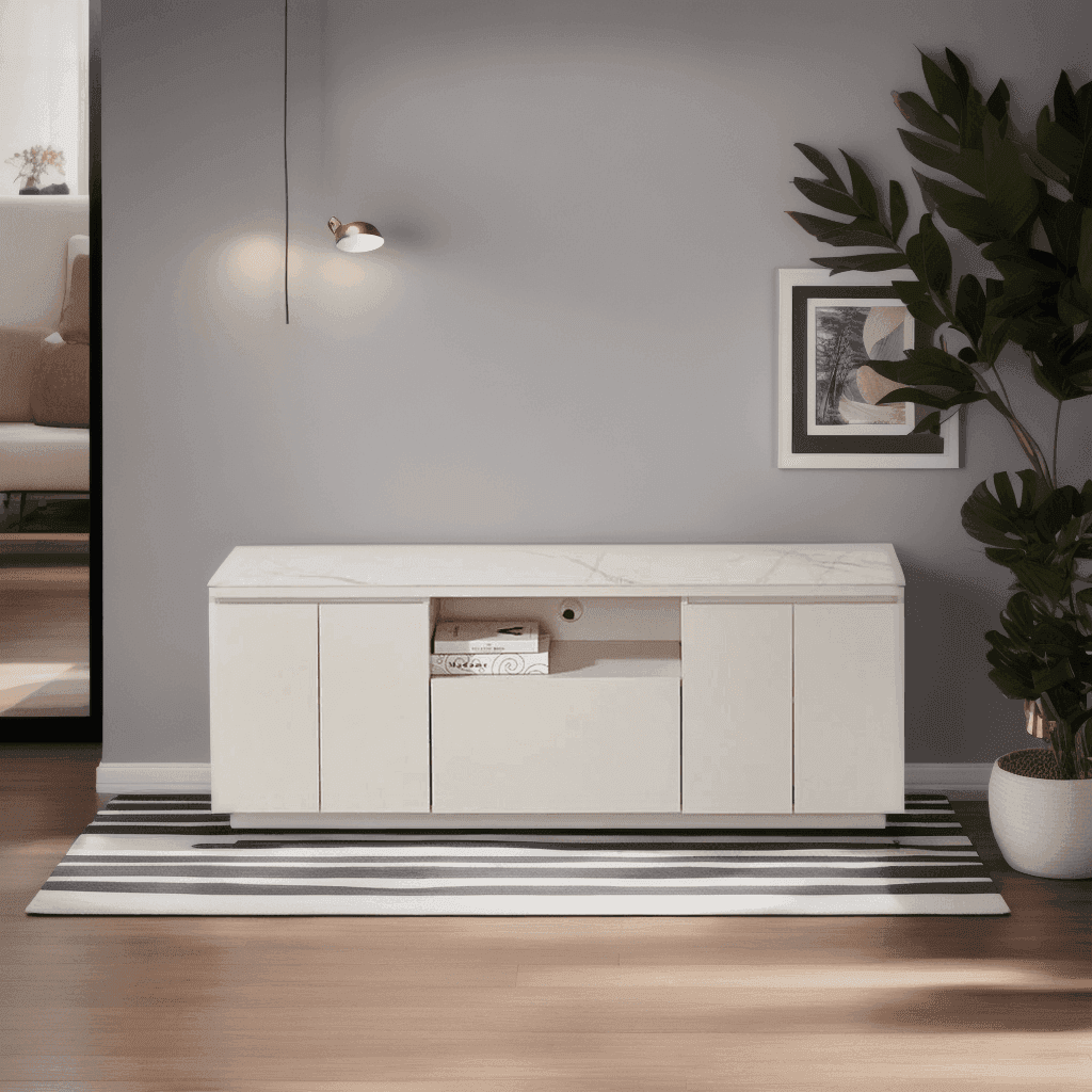 Premium Lazarus Glossy Sintered Stone TV Stand - 63 Inch Modern Entertainment Center for Living Room, Bedroom & Home Theater - Scratch & Heat Resistant Media Console