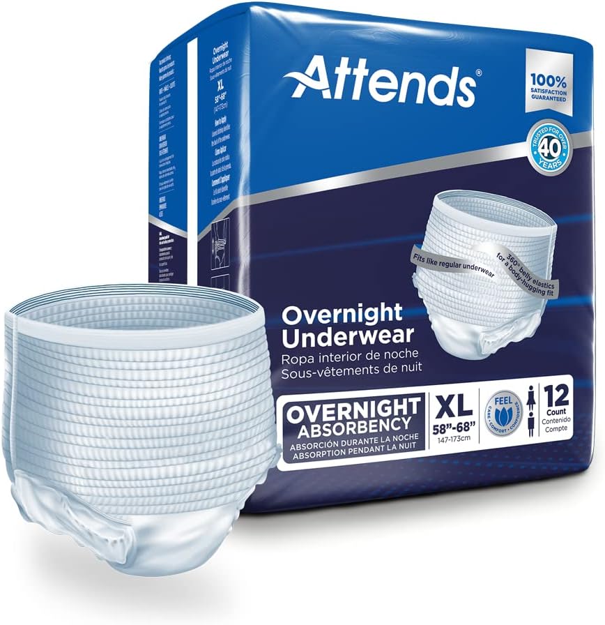 Attends Overnight Protective Underwear for Adults - Super Absorbent Pull-On Diapers for Incontinence - Comfortable & Disposable for Nighttime Use, Travel & Home Care