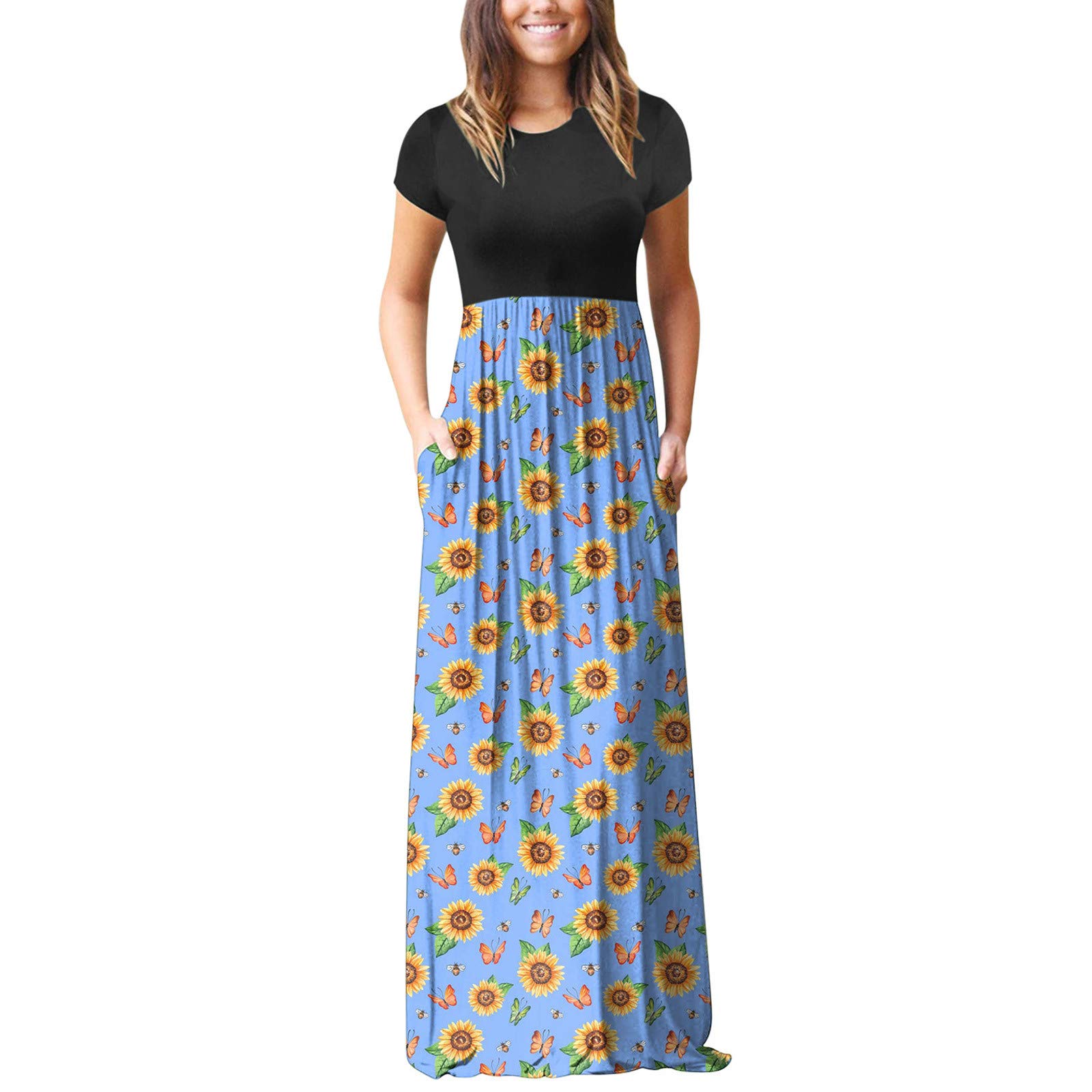 Kaideny Women's Short Sleeve Maxi Dress with Floral Striped Print - Empire Waist Casual Long Summer Dress for Beach, Vacation & Everyday Wear