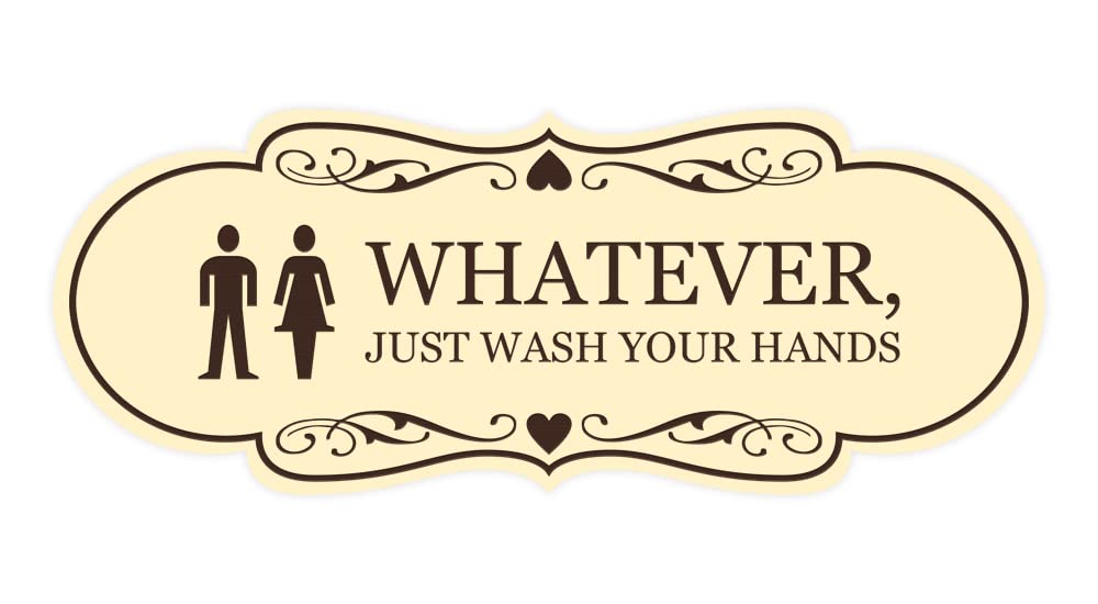 Funny Designer 'Whatever Just Wash Your Hands' Novelty Bathroom Sign - Ivory & Dark Brown Small Wall Decor - Perfect for Restrooms, Home Decor, Office Humor