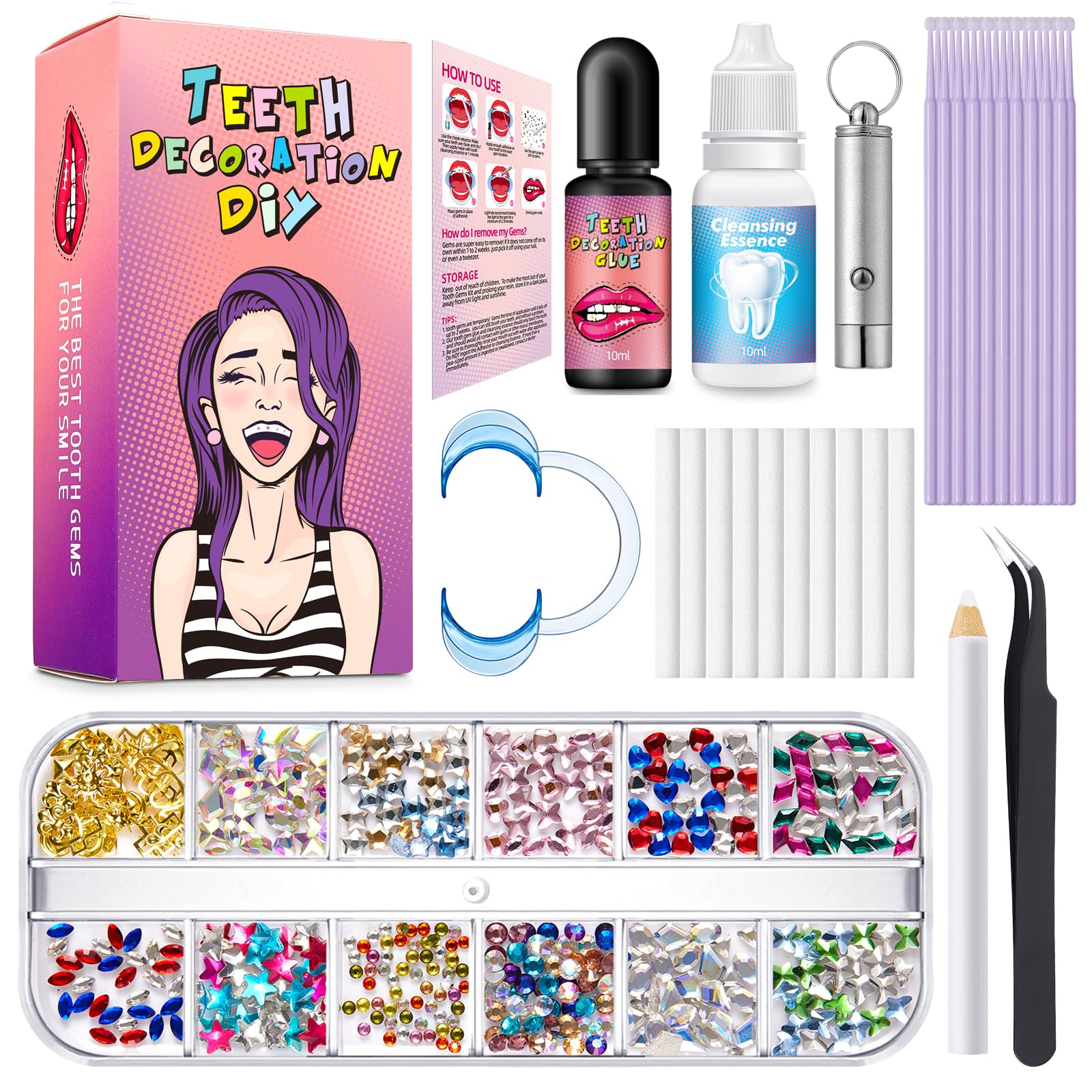 Professional DIY Tooth Gem Kit with Glue & Light - 435pcs Shining Crystal Teeth Jewelry for Sweet Smile | Perfect for Parties, Weddings & Self-Expression