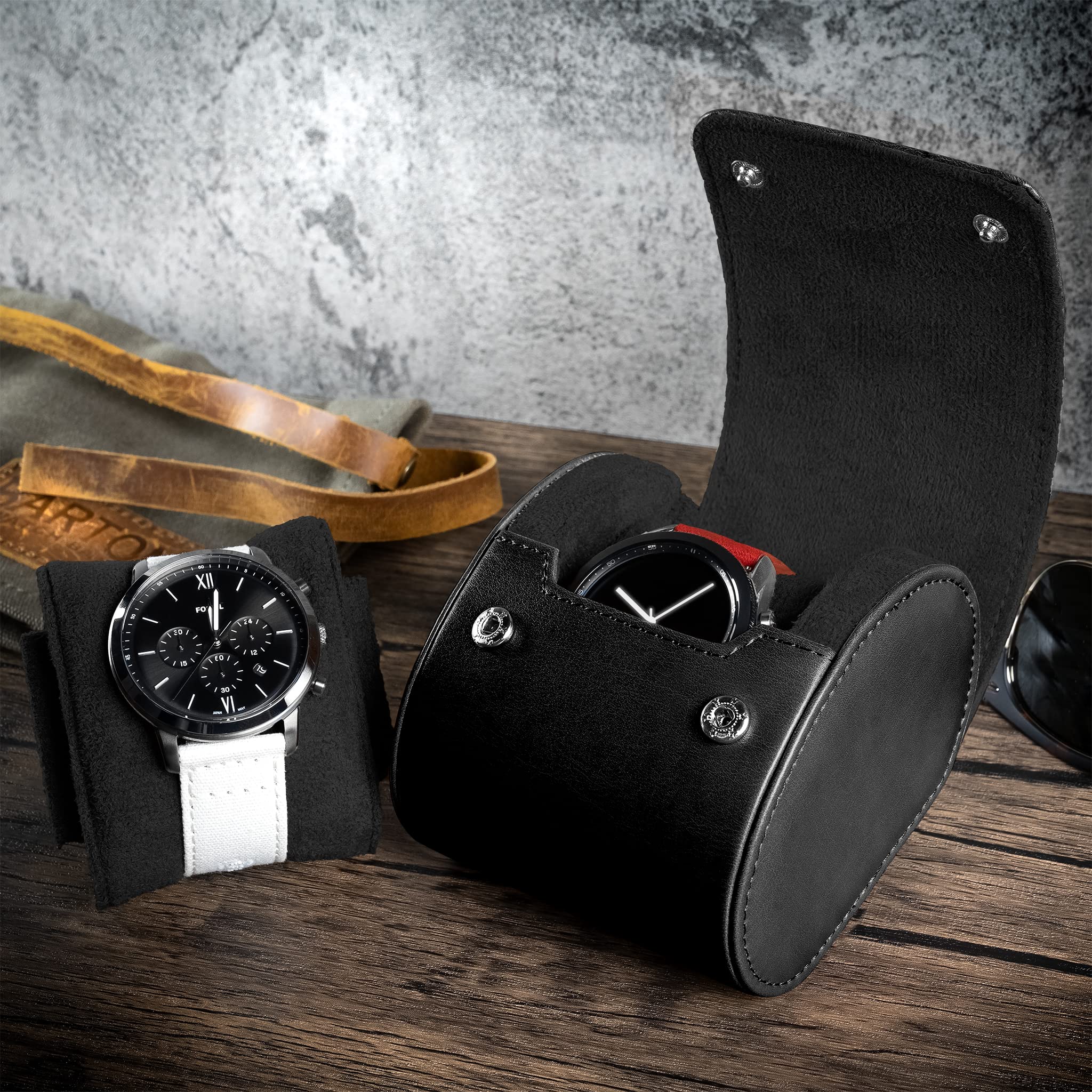 BARTON WATCH BANDS - Black Recycled Leather Watch Travel Case & Storage for Watch Bands - Compact 1 Watch Holder - Perfect for Travel, Business Trips & Watch Collection Organization
