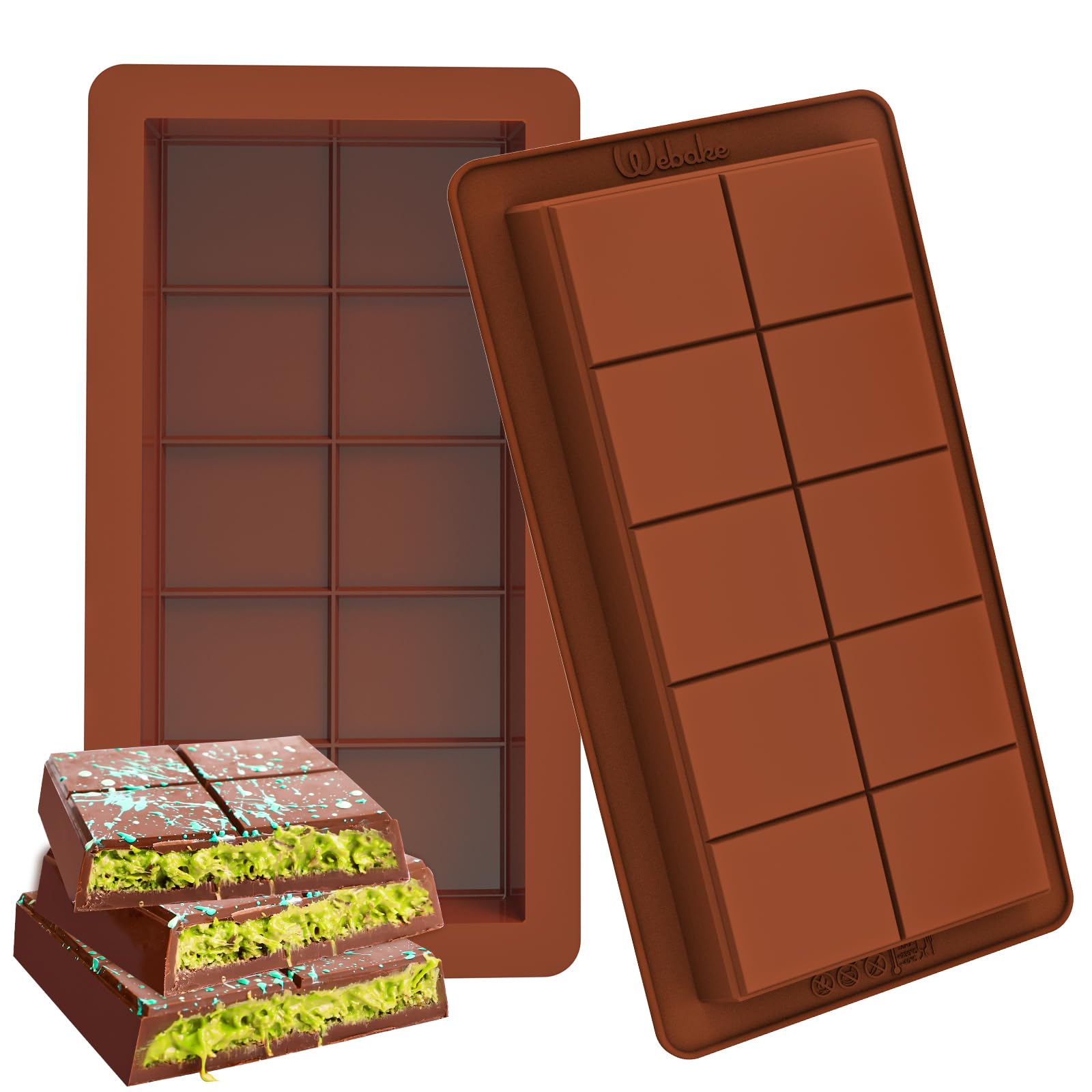 Webake 2-Pack Deep Chocolate Bar Molds - 1 Inch Thick Large Silicone Molds for Stuffed Chocolate Bars, Candy Making & Knafeh Pistachio Filling - Perfect for Homemade Treats, Baking & Gift Giving