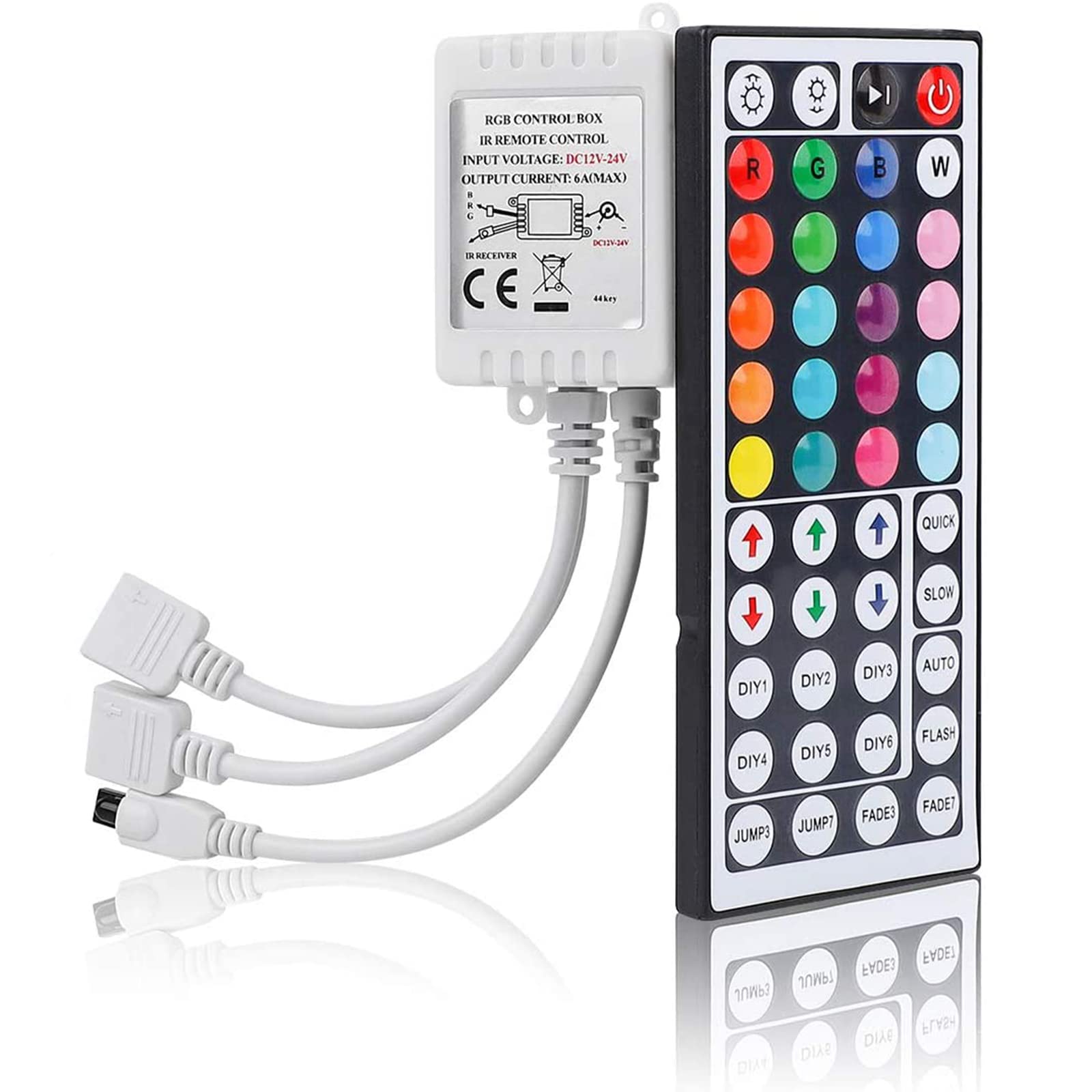 EAGWELL 2-Port 44 Keys Wireless IR Remote Controller for SMD 5050 3528 RGB LED Strip Lights - Dual 4-Pin Output Dimmer for 2 RGB LED Strips (DC12-24V) - Perfect for Storefront Lighting, Home Decoration & DIY Projects