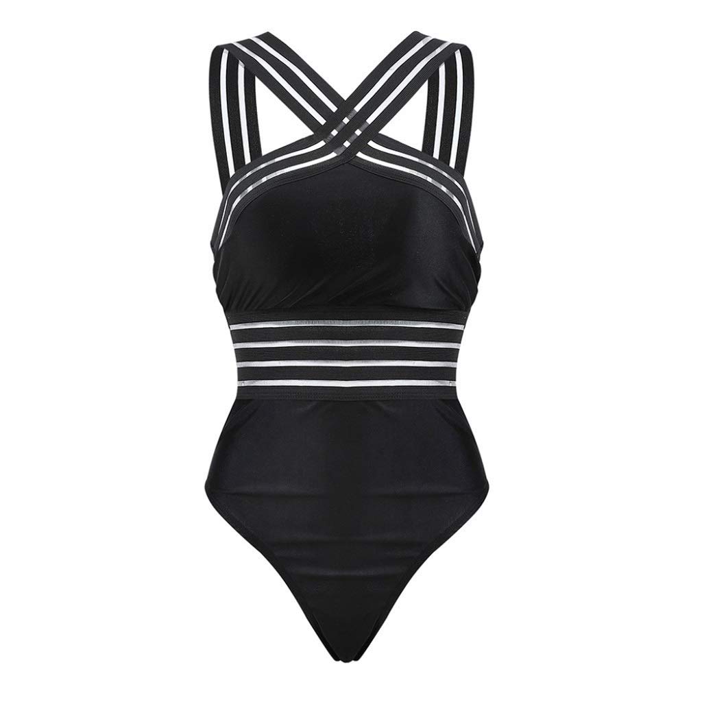 Sexy Black Striped One Piece Bikini for Women - Bandage Push Up Swimsuit, Medium Size, Perfect for Beach, Pool Party & Summer Vacation