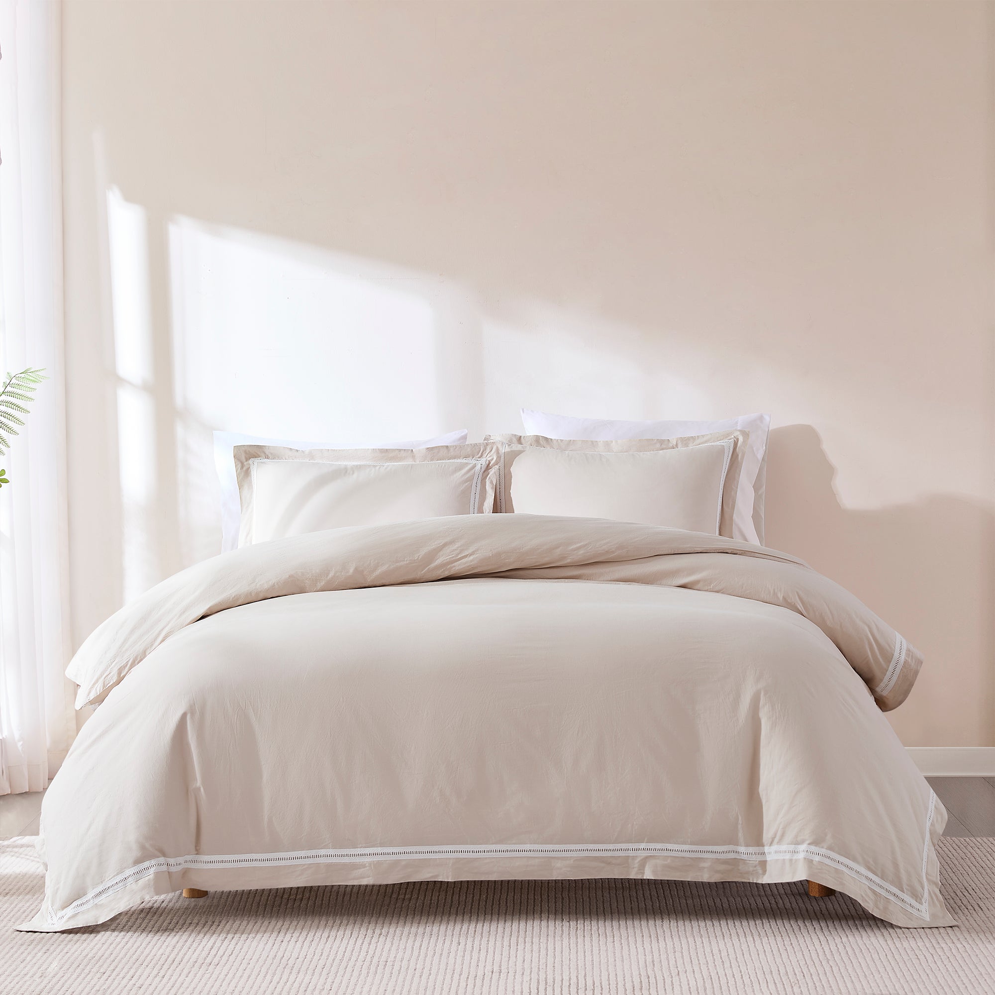 Doris Eyelet Inset Trim Cotton Duvet Cover Set - Queen Size Bedding Set with Pillowcases - Breathable Soft Duvet Cover for Bedroom, Guest Room & Dorm Decor
