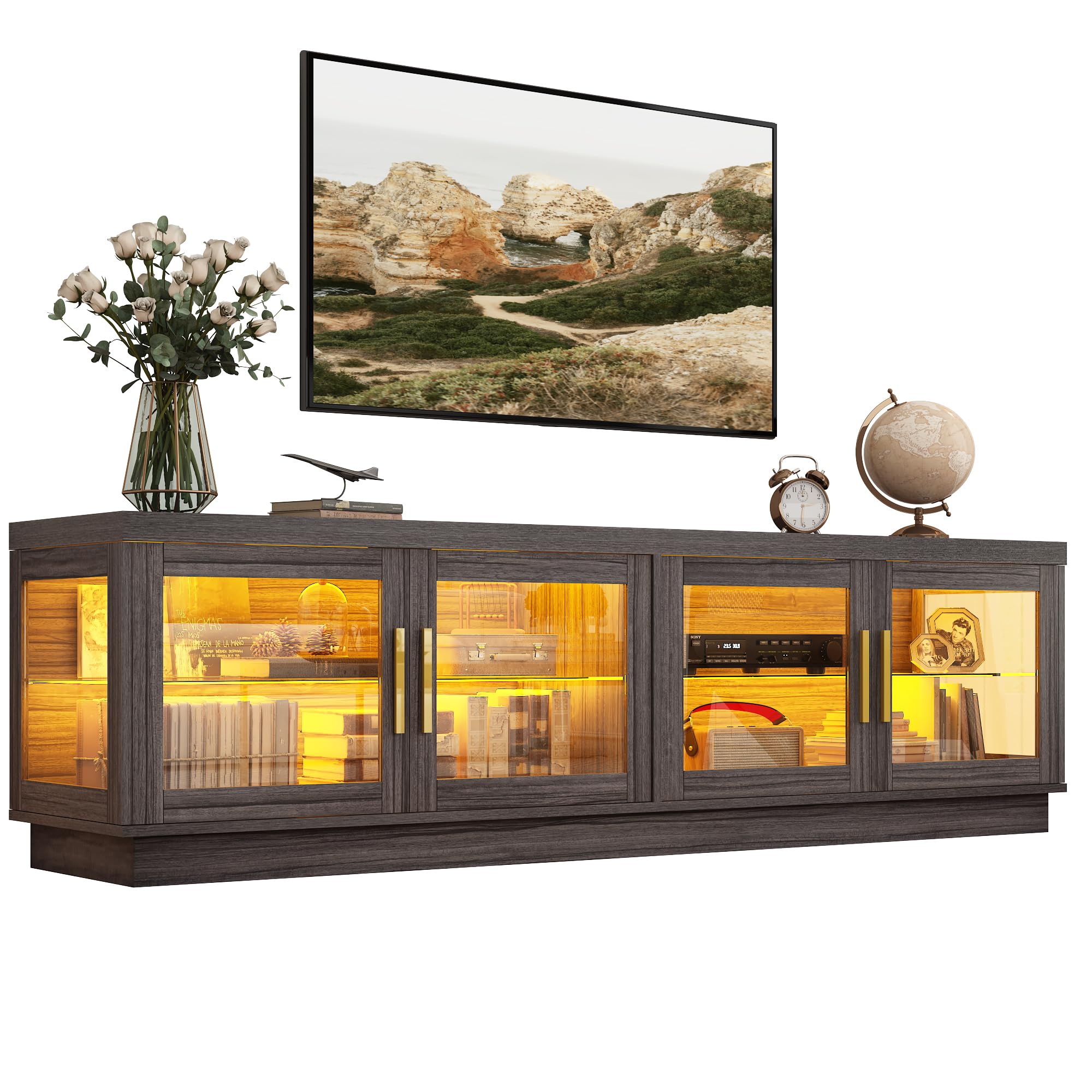 71IN Rustic Wood TV Stand for 85/80/75 Inch TVs - Farmhouse Style Entertainment Center with Storage Cabinet & Glass Doors - Perfect for Living Room, Home Theater & Media Room Setup