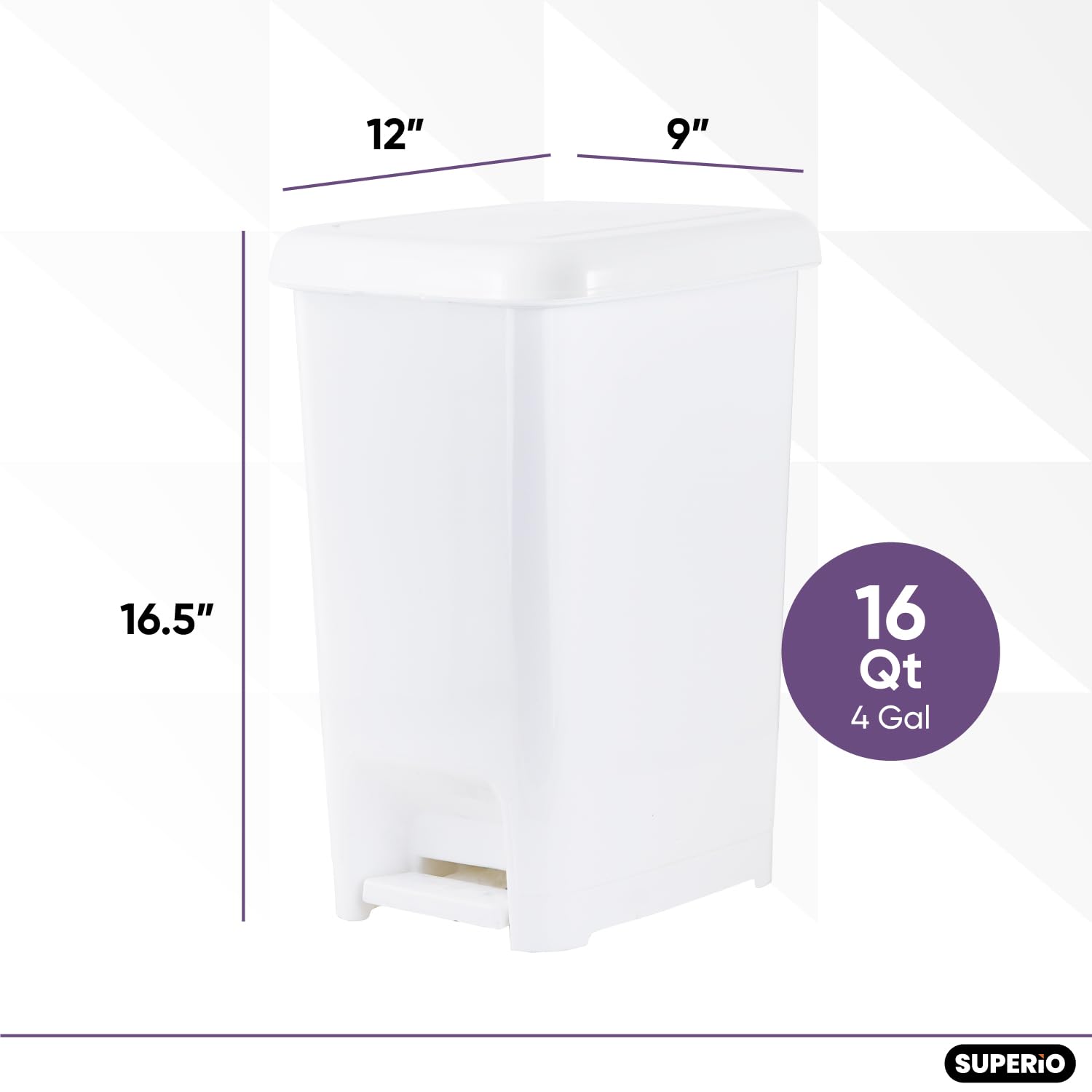 Superio 4 Gallon Slim Step-On Trash Can with Lid - Small Plastic Foot Pedal Garbage Bin for Bathroom, Kitchen, Office, Bedroom & Dorm - Perfect for Tight Spaces & Hands-Free Disposal - White