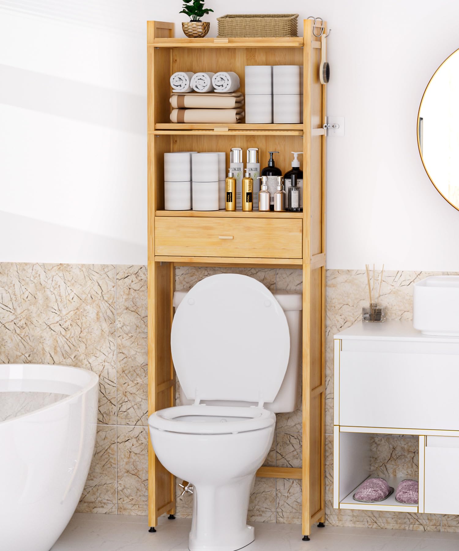Over The Toilet Storage Cabinet with Drawer & Flip Door - Bamboo Bathroom Organizer Shelf | Anti-Tip Design, Waterproof Feet | Freestanding Space Saver for WC (Natural) - Perfect for Small Bathrooms, Apartments & Powder Rooms