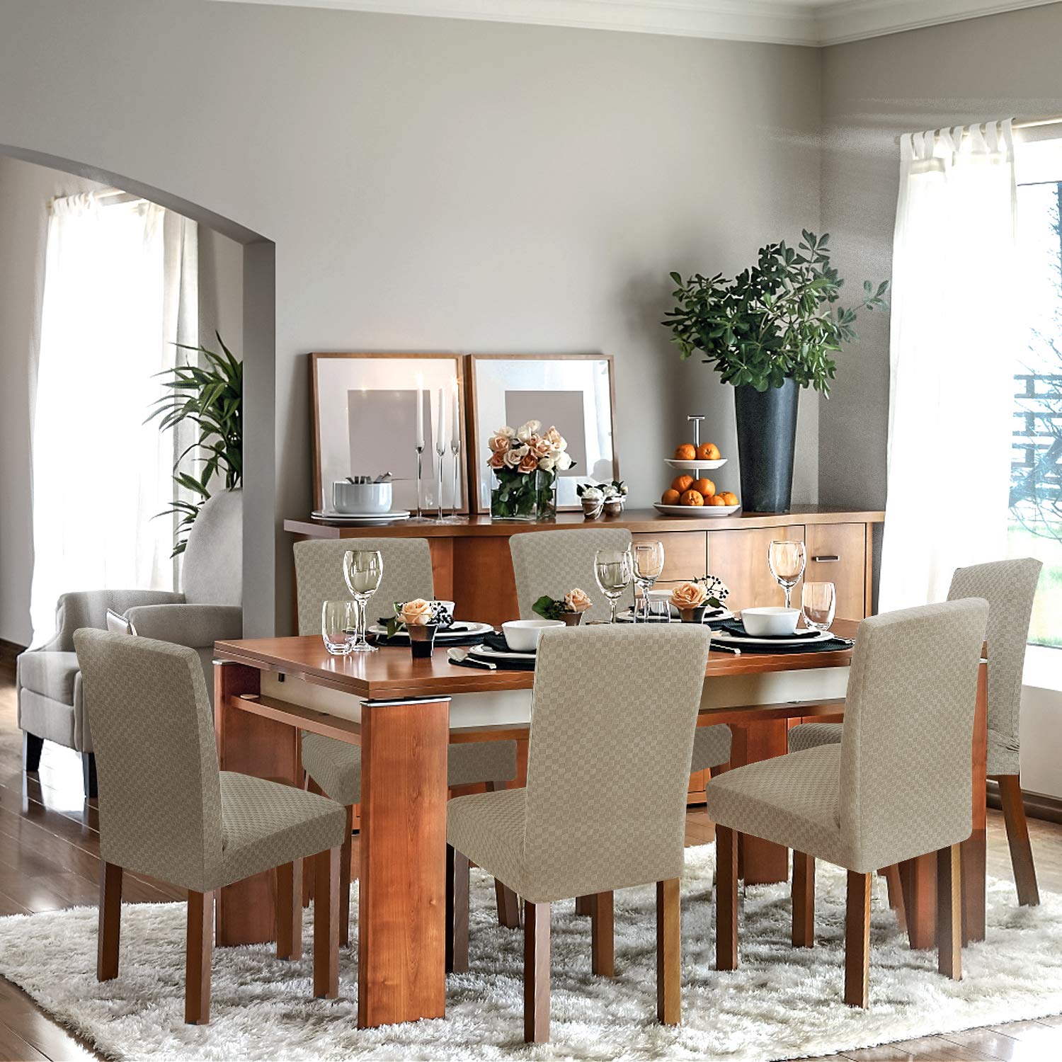 YEMYHOM 4-Pack Stretch Checkered Parsons Chair Slipcovers - Khaki Dining Room Furniture Protectors for Restaurant, Kitchen & Party Decor | Washable & Durable Chair Covers for Home & Commercial Use