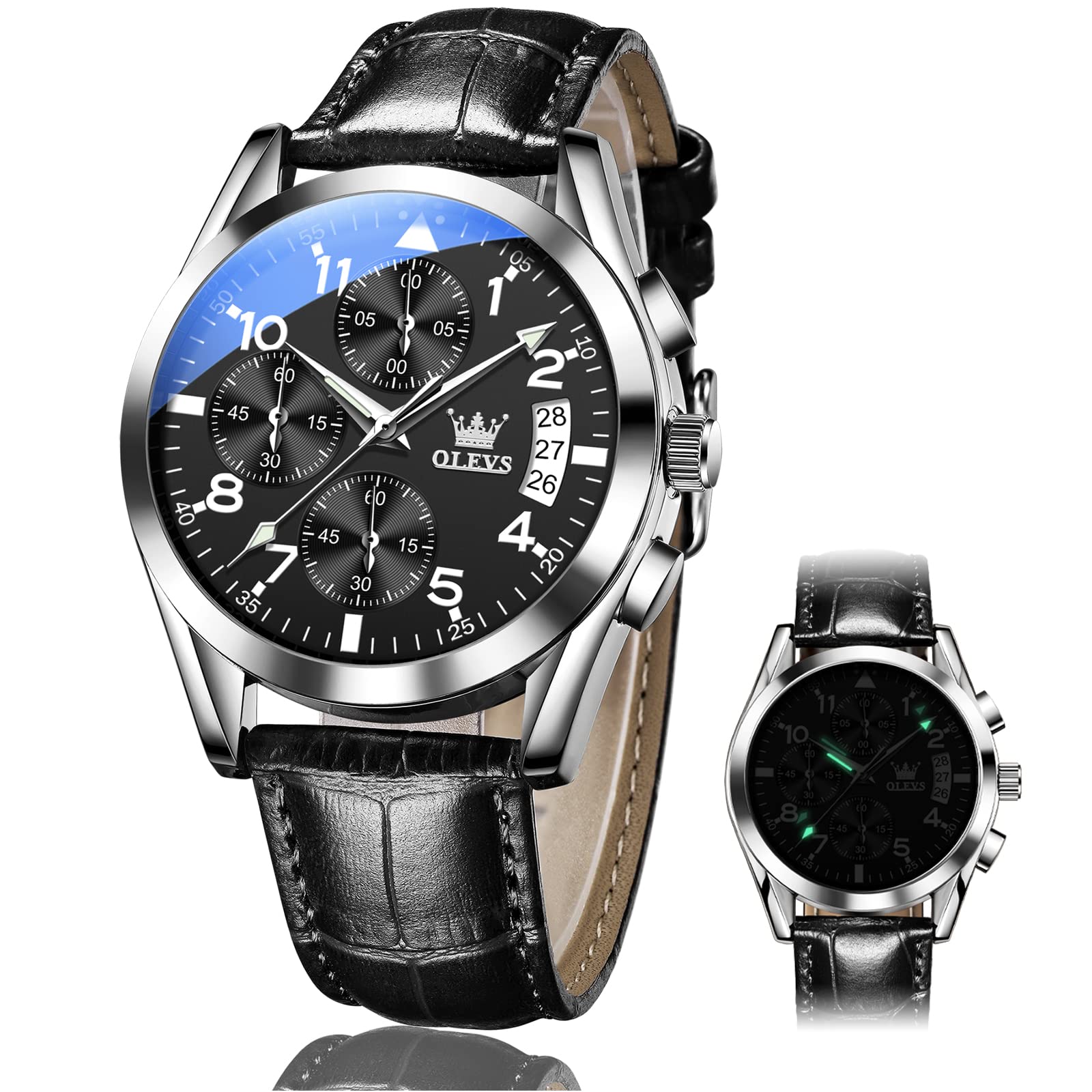 OLEVS Men's Chronograph Quartz Watch - Gold Stainless Steel Case, Leather Strap, Waterproof, Luminous Hands, Day Date Function - Brown/Black/Blue/White Dial - Perfect for Business, Casual & Outdoor Activities