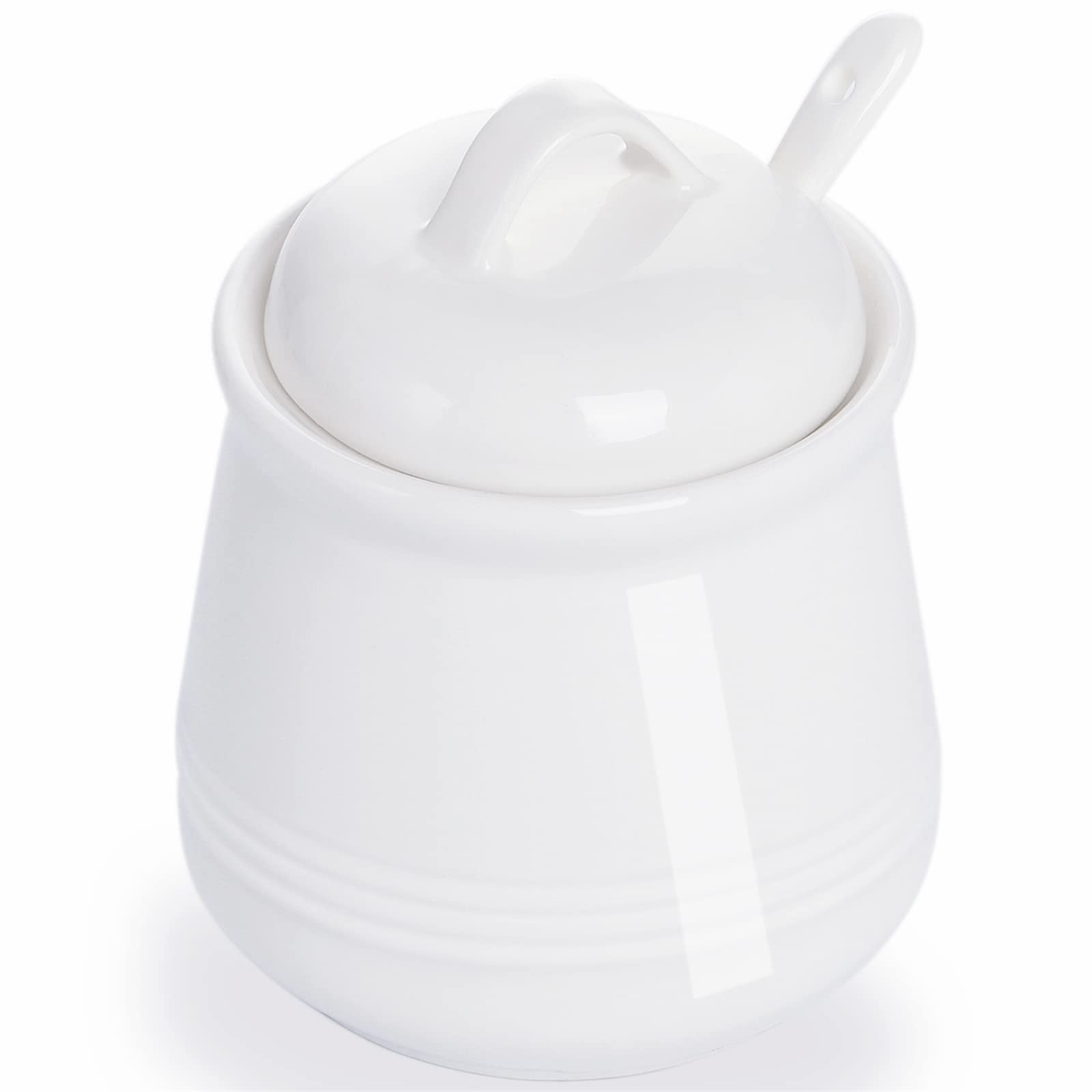 HAOTOP 12oz White Porcelain Sugar Bowl with Lid & Spoon - Ceramic Salt & Spice Container for Kitchen, Dining, Coffee & Tea Time