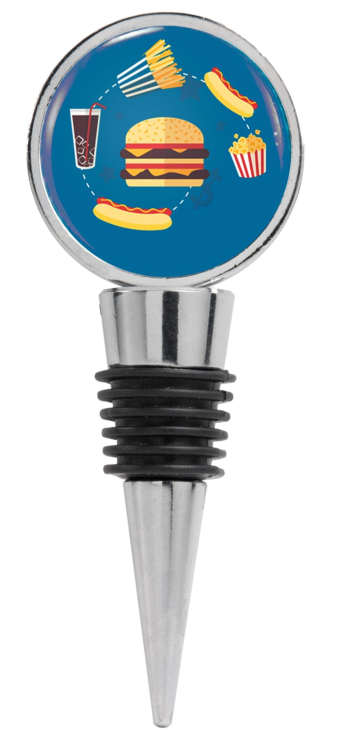 Fast Food Vector Illustration Swirling Around on Blue Wine Stopper - Perfect for Wine Lovers, Party Decorations & Unique Gifts