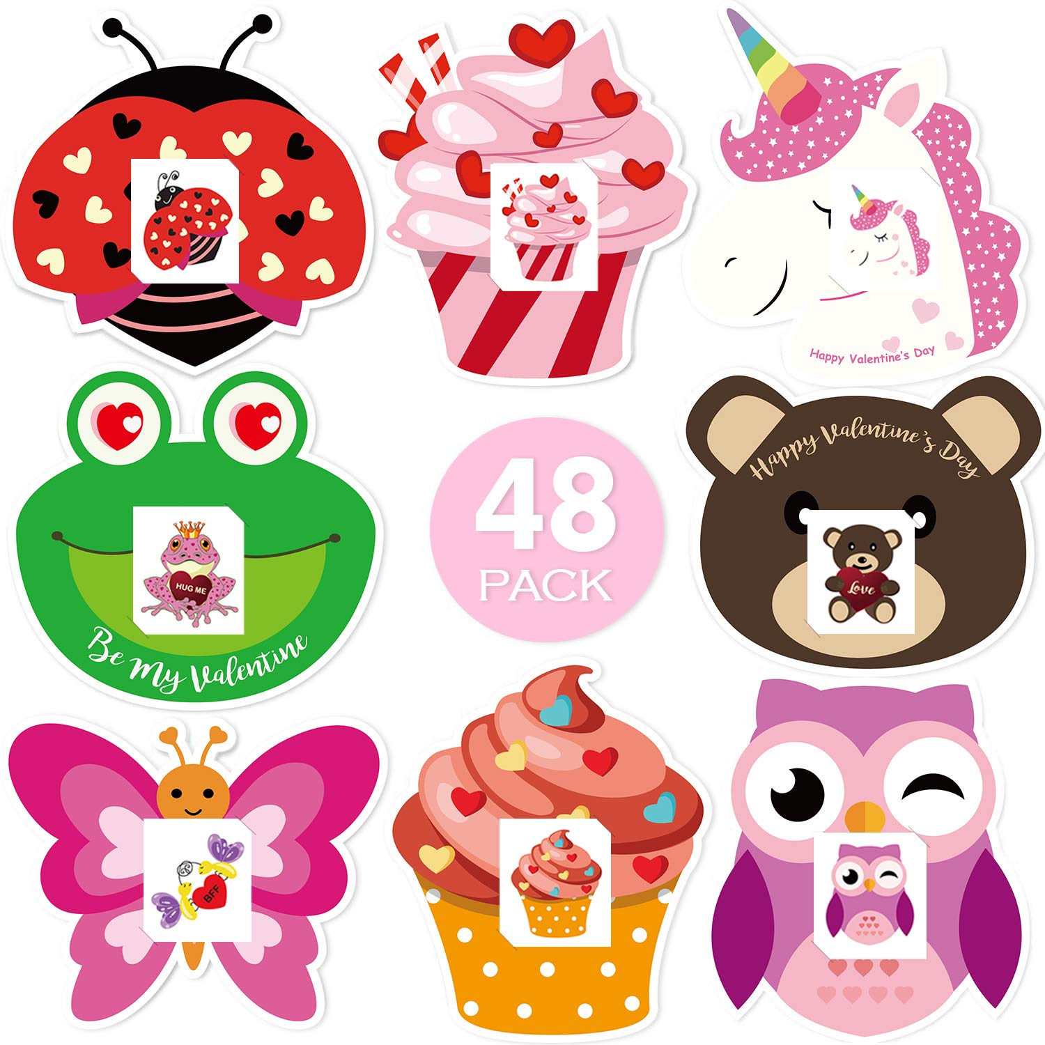 Valentine's Day Cards for Kids - 48 Pack with 8 Adorable Designs, Temporary Tattoos & Envelopes | Perfect Classroom Exchange Gift for School Parties & Friendship Celebrations