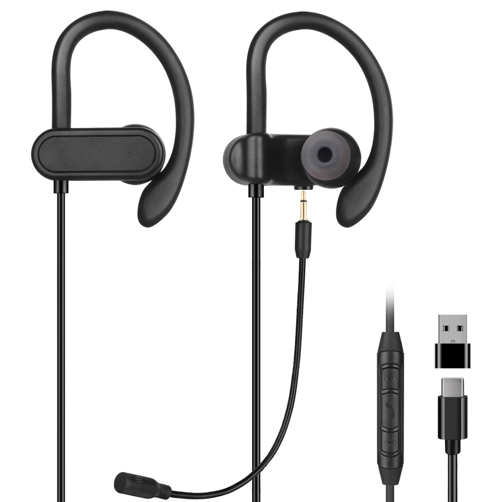 USB C & USB A Gaming Earbuds with Boom Mic - Wired In-Ear Headphones with Wrap-Around Ear Hooks for Smartphones, Computers & Gaming - Dual Mic Noise Cancelling for Calls, Meetings & Online Classes (5.9FT Cable) - Ideal for Work from Home, Zoom Meetings & Mobile Gaming