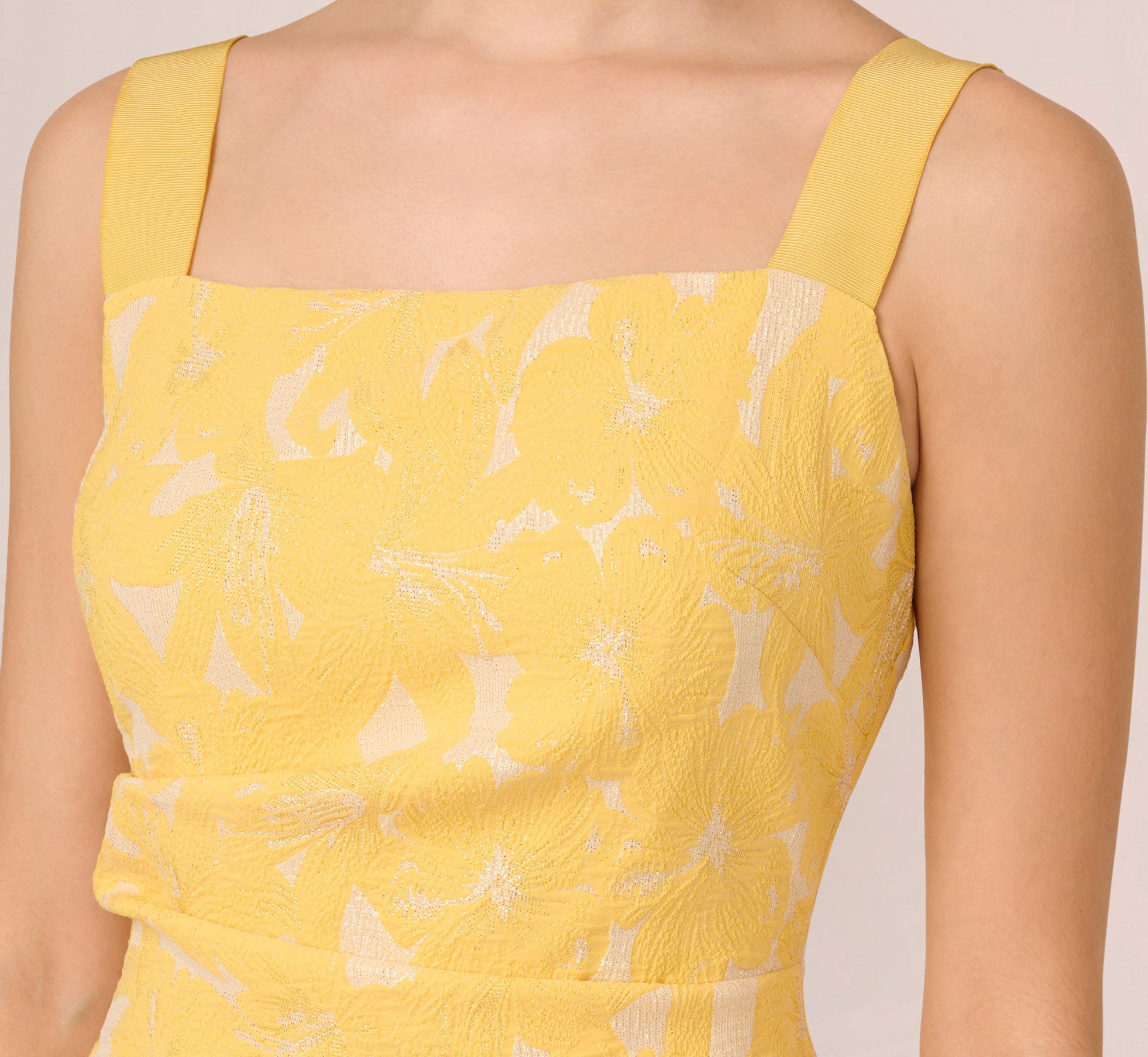 Elegant Hibiscus Jacquard Sheath Dress with Tucked Details - Floral Print Sun Dress for Women | Perfect for Summer Weddings, Garden Parties & Cocktail Events