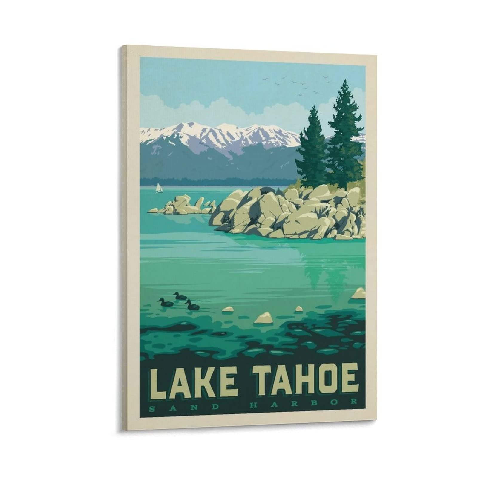Vintage California Sand Harbor Lake Tahoe Landscape Canvas Wall Art - 24x36 Inch (60x90cm) Travel Poster, Decorative Painting for Living Room & Bedroom - Perfect for Home Decor, Office Wall Art, Gift Idea