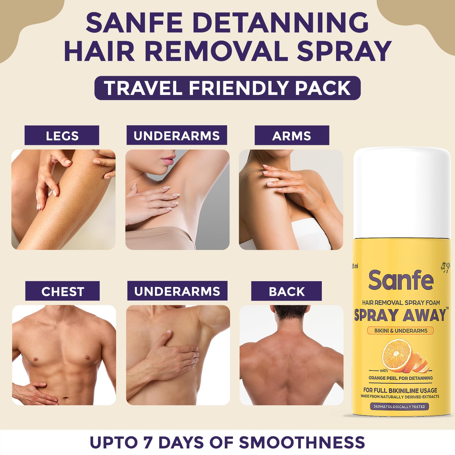 Sanfe Painless & Detan Hair Removal Spray Cream - 25ml | Bikini, Chest, Legs, Arms & Underarm Hair Remover | 10-Minute Hair Removal with Skin Brightening | Enriched with Orange Peel, Aloe Vera, Vitamin E & Niacinamide | Perfect for Smooth Skin Before Beach Trips & Summer Outfits