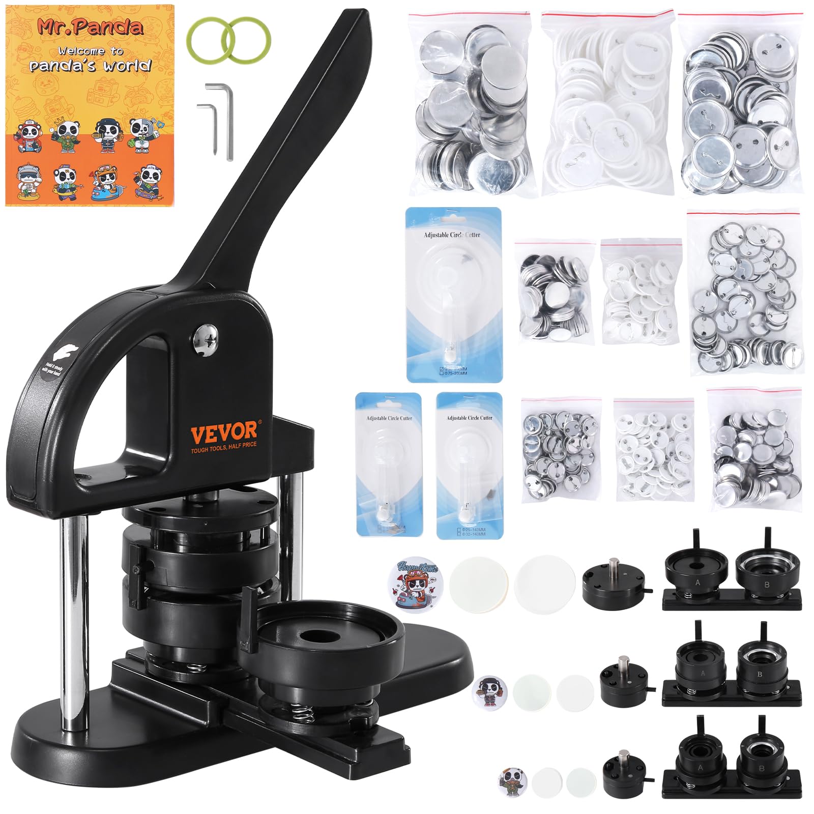 VEVOR 3-in-1 Button Maker Machine Kit with 300pcs Button Parts (1/1.25/2.28 inch) - Ergonomic Arc Handle Punch Press & Panda Magic Book - Perfect for DIY Crafts, School Projects, and Children's Birthday Gifts