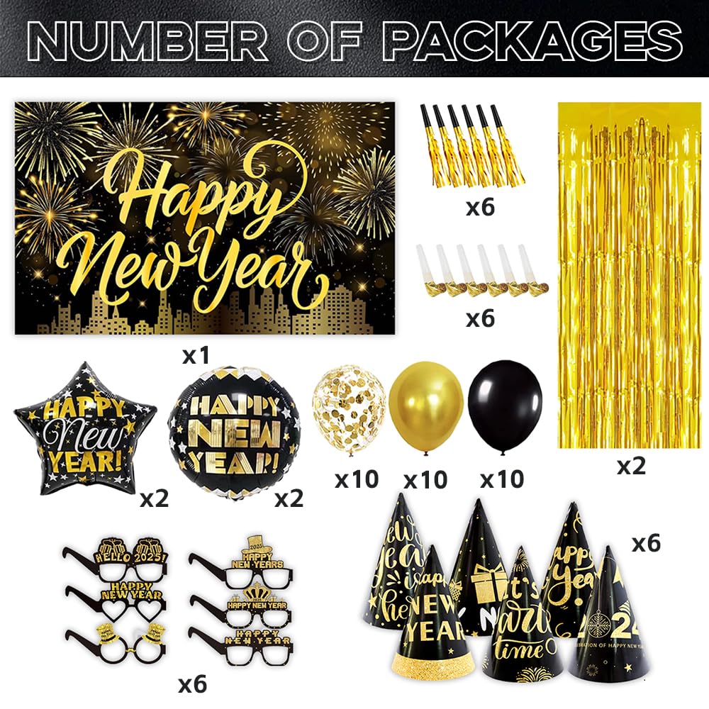 IMISHM 2025 New Year Party Decorations Set - NYE Balloons, Banner, Hats, Glasses & Foil Curtains for New Year's Eve Celebrations, Countdown Parties & Home Decor