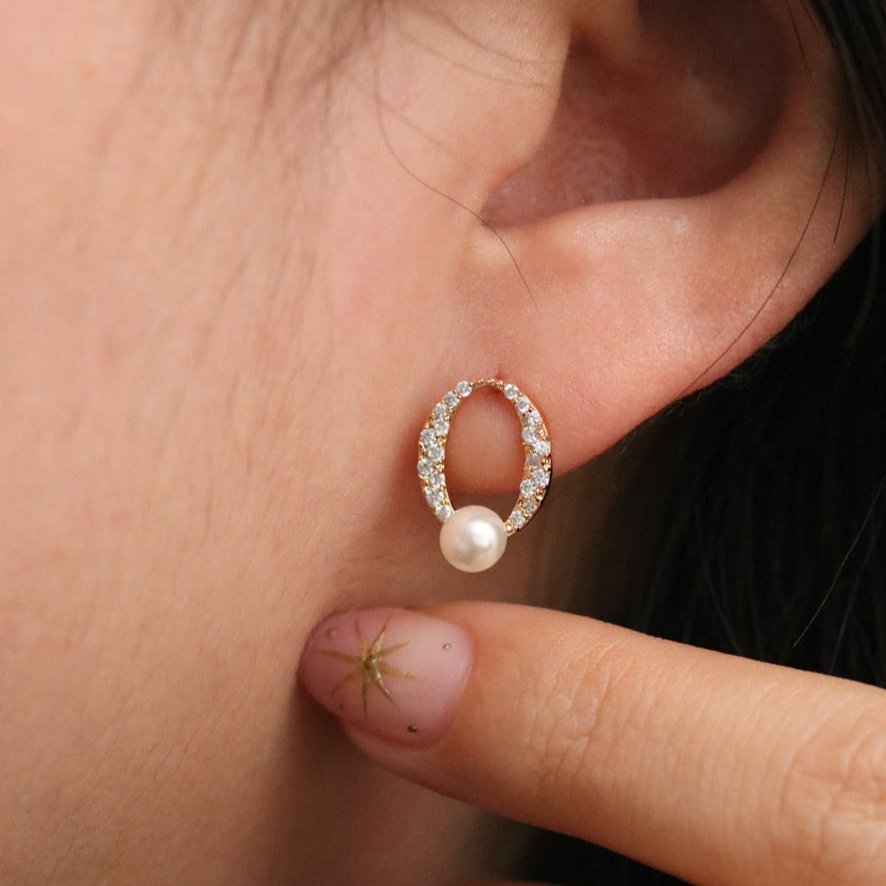 Elegant Cubic Oval Pearl Earrings for Women – Hypoallergenic Sterling Silver Studs – Perfect for Weddings, Parties & Everyday Wear