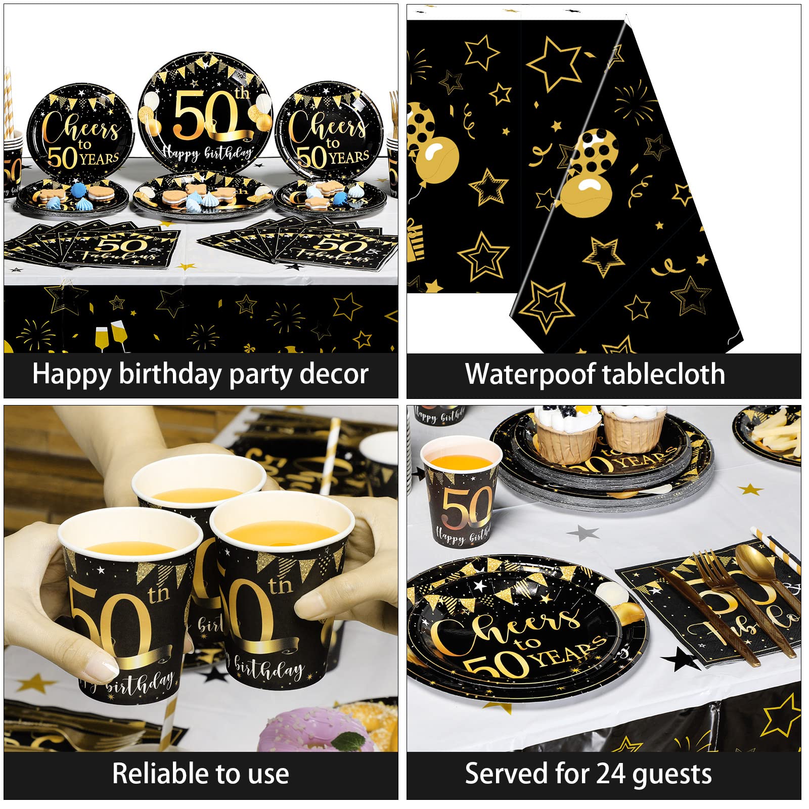 Black and Gold 50th Birthday Decorations for Men & Women - Anniversary Balloons, Tablecloth, Tableware Set for Party Guests - Perfect for Milestone Celebrations & Special Events