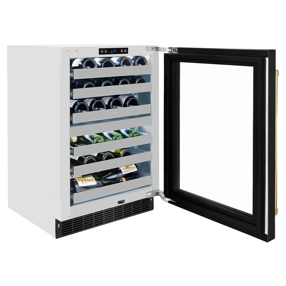 ZLINE Autograph Edition 24 Inch Dual Zone Wine Cooler - 44 Bottle Capacity, Black Stainless Steel Glass Door & Polished Gold Handle (RWDOZ BS 24 G) - Perfect for Home Bars, Restaurants, and Wine Cellars