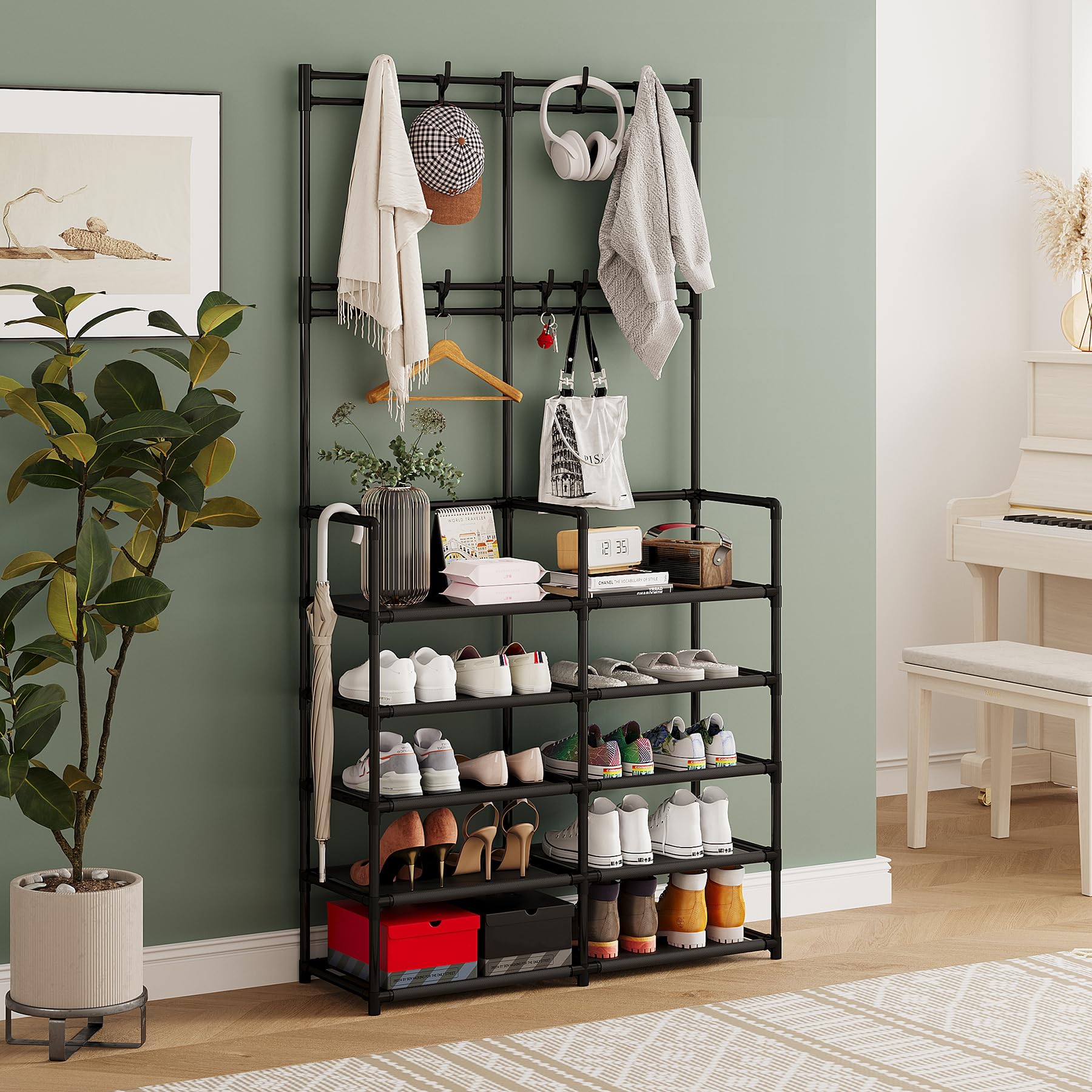 UDEAR 5-Tier Coat Rack with 8 Hooks & Shoe Organizer - Space Saving Entryway Storage Solution for Jackets, Shoes, Bags - Perfect for Living Room, Bedroom, Office, Hallway - Black