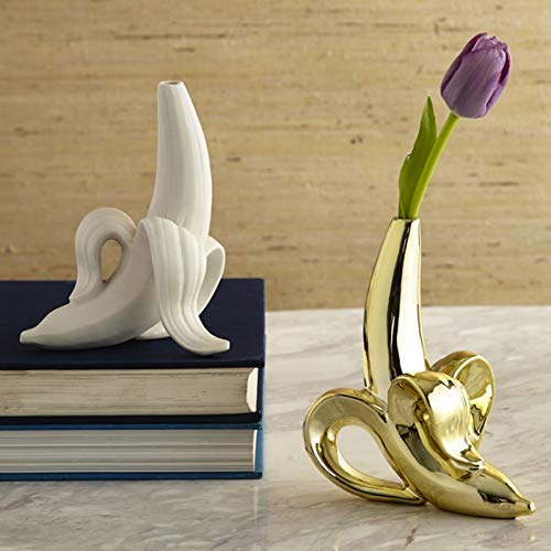 Lefran Banana Vase - Unique Ceramic Flower Pot for Home Decor, Plant Container & Single Stem Holder, Gold - Perfect for Boho Style Living Rooms, Kitchen Countertops & Office Desks