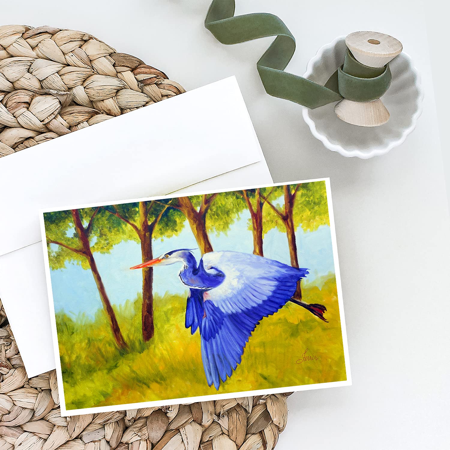 Flying Blue Heron Greeting Cards - Pack of 8 Blank A7 Note Cards (5x7 inches) with Envelopes | Whimsical Bird Design for Thank You Notes, Birthday Wishes & Special Occasions | Caroline's Treasures FHC1007GCA7P