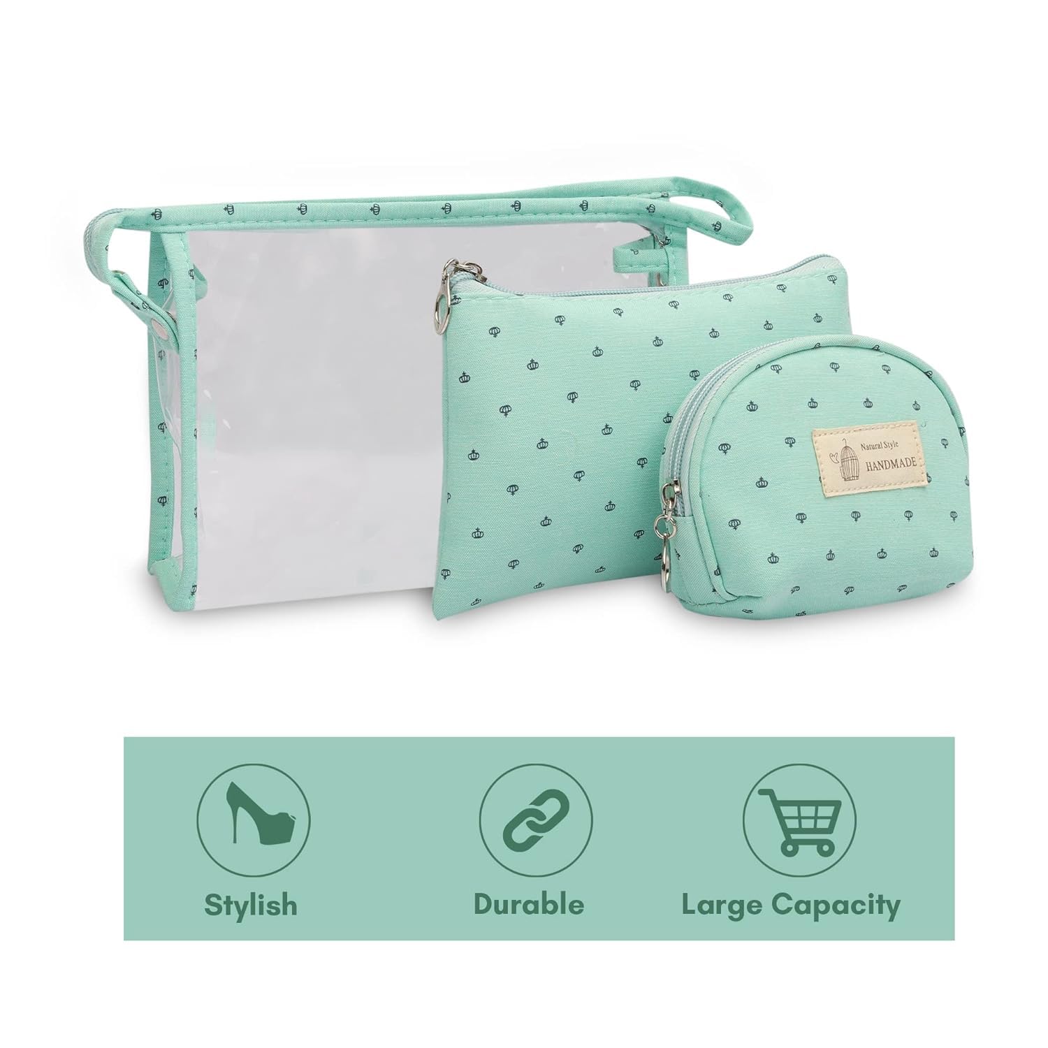 AARNAVKART 3-Piece Cosmetic Bag Set for Women - Large, Medium & Small Makeup Pouches with Zipper, Travel Toiletry Organizer (Green) | Perfect for Travel, Gym & Daily Beauty Storage