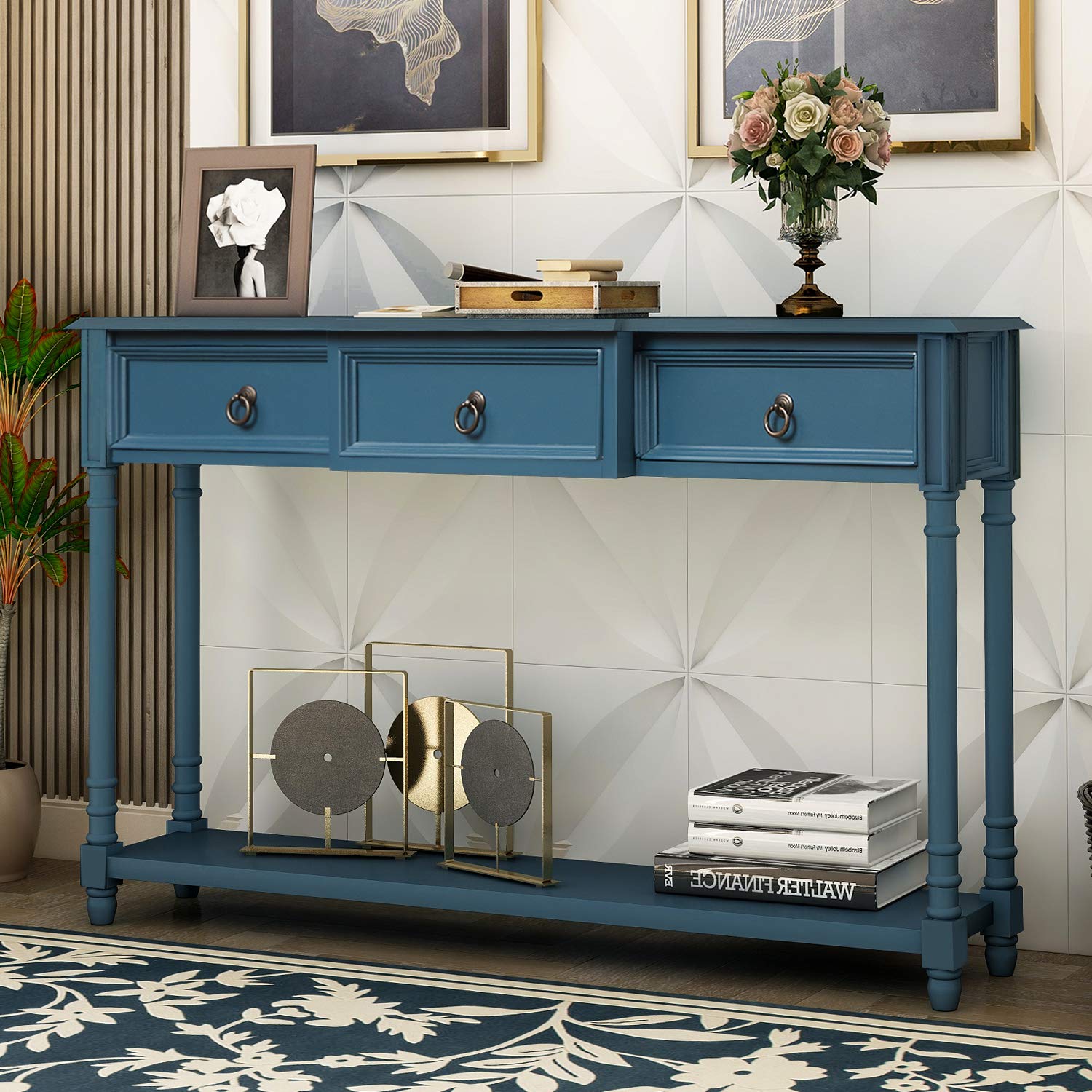 Antique Navy Console Table with Drawers - Sofa Table for Entryway, Hallway & Living Room | Sturdy Long Shelf & Projecting Drawers for Storage | Perfect for Home Decor, Foyer Organization & Displaying Decor Items