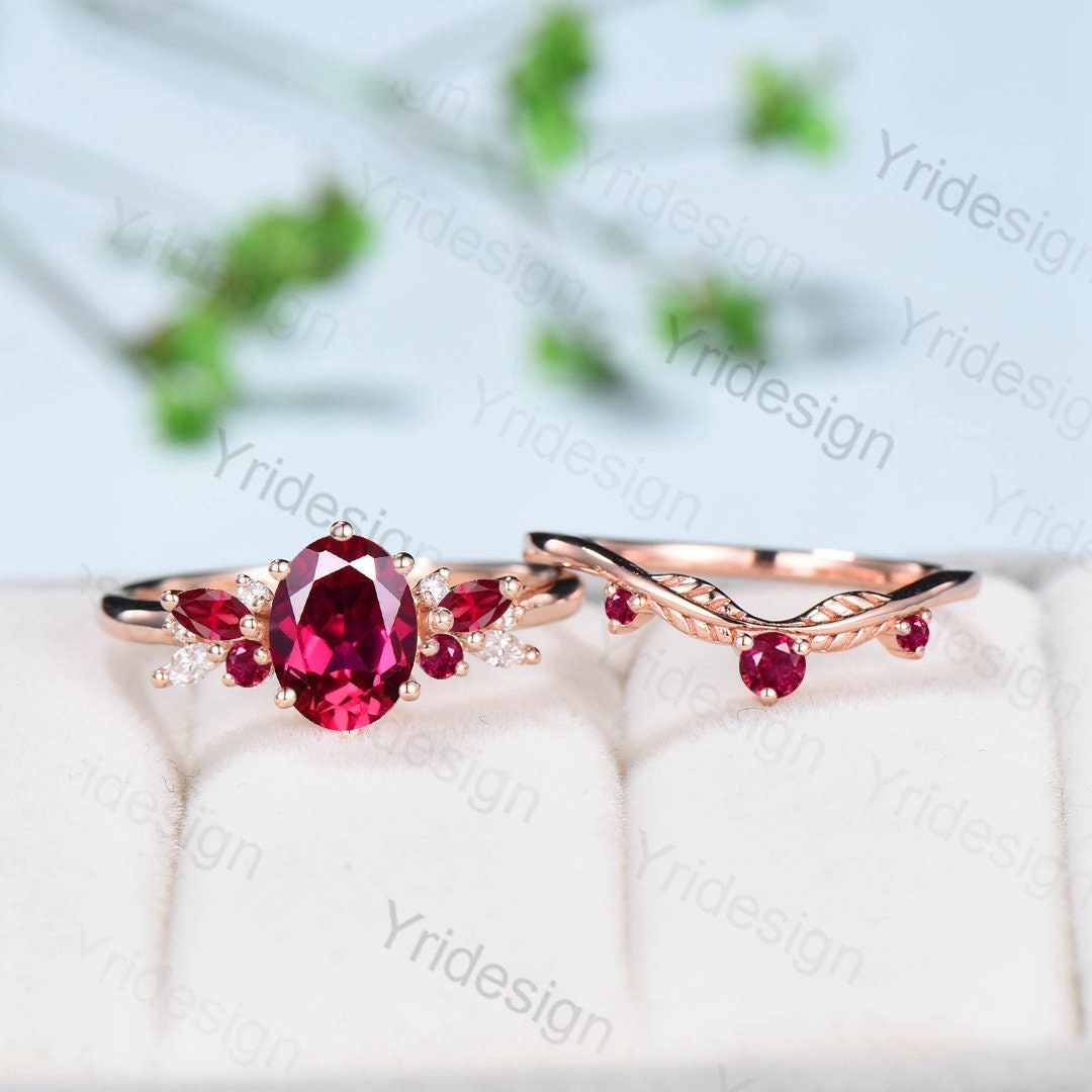 Vintage Rose Gold Oval Ruby and Diamond Engagement Ring Set - Natural Leaf Design Stackable Wedding Band for Women, Perfect for Proposals, Anniversaries, and Romantic Gifts