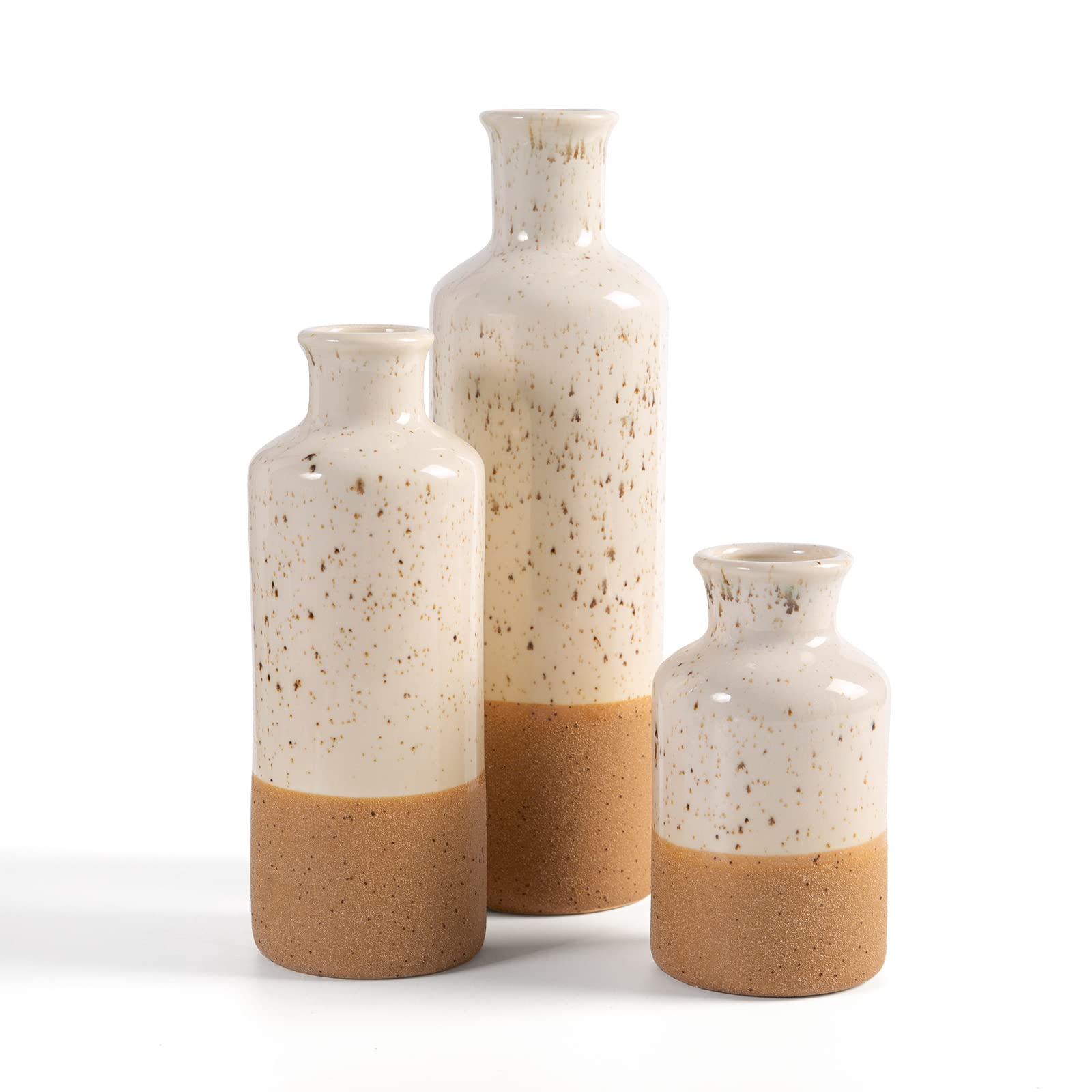 Boho Ceramic Vase Set - 3pcs White & Brown Table Decor for Living Room