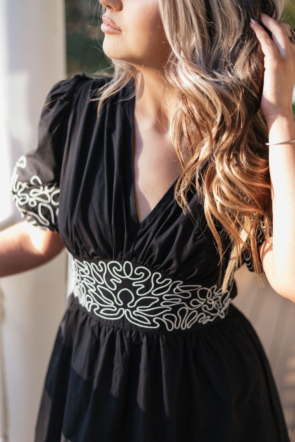 Elegant Black Embroidered V-Neck Midi Dress for Women - Flowy Summer Party & Wedding Guest Outfit