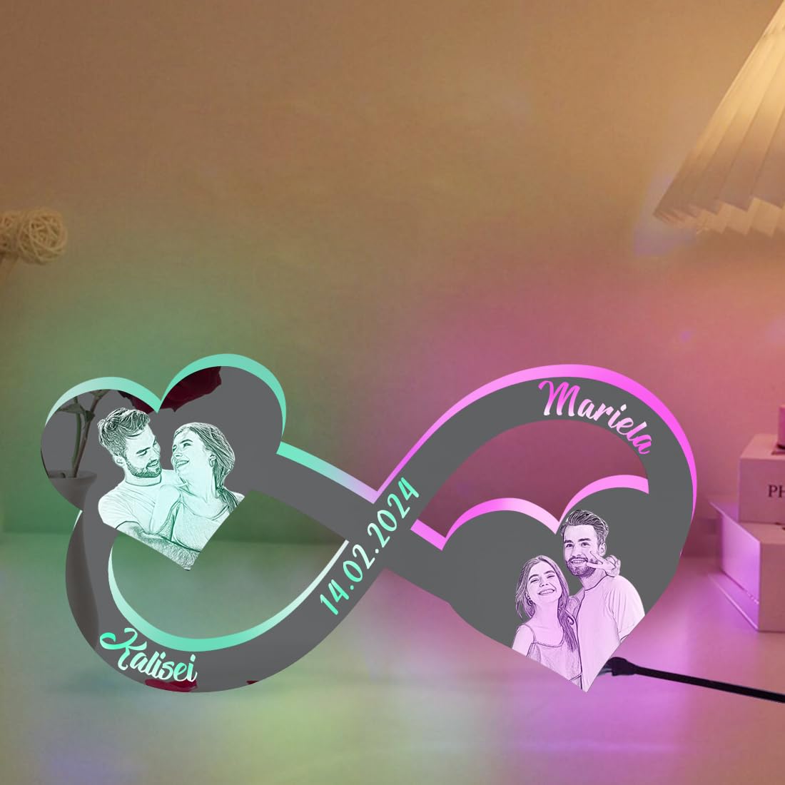 Custom LED Light Up Couple Name Wall Mirror - Personalized Acrylic Photo Mirror with Infinity Heart Design, Wedding Anniversary Gift for Wife, Girlfriend - Perfect for Bedroom Decor, Romantic Proposal, Valentine's Day & Home Decoration