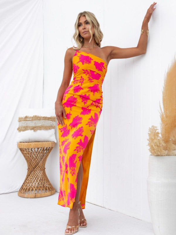 Sexy One Shoulder Bodycon Dress for Women - Flattering Printed Slit Design - Perfect for Night Out, Party, and Special Occasions