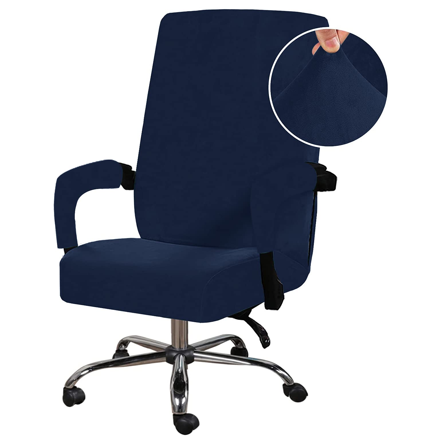 Stretchable Velvet Office Chair Cover - Removable & Washable Universal Elastic Slipcover for Computer, High Back & Rotating Chairs - Modern Minimalist Design (Navy Blue, Large) - Perfect for Home Office, Gaming & Workspace Decor