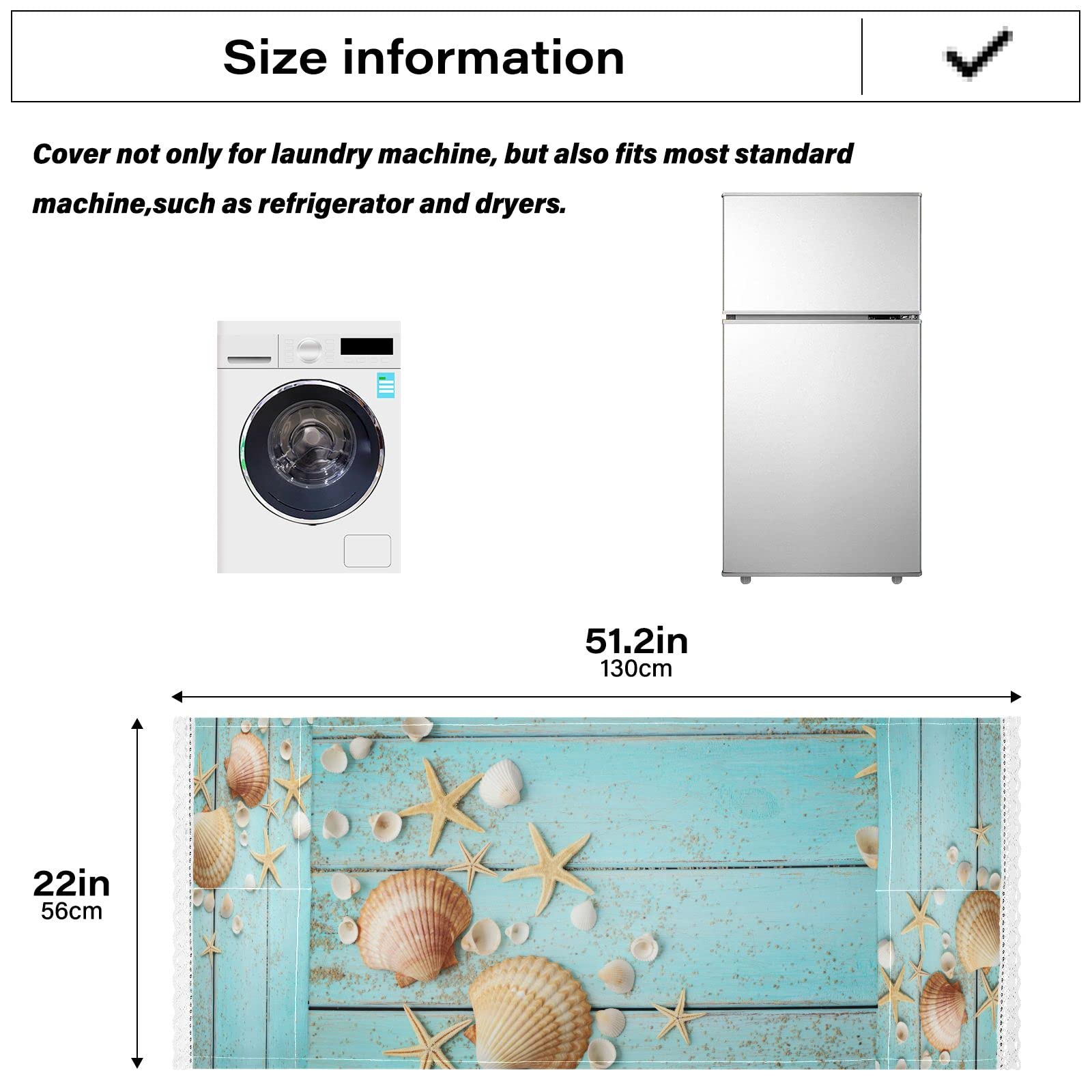 51''x22'' Non-Slip Waterproof Washing Machine Cover - Summer Beach Seashell Starfish Design for Front Load Washer & Dryer, Dust Proof Refrigerator Top Mat with 4 Storage Bags | Perfect for Laundry Room, Beach House Decor & Home Organization