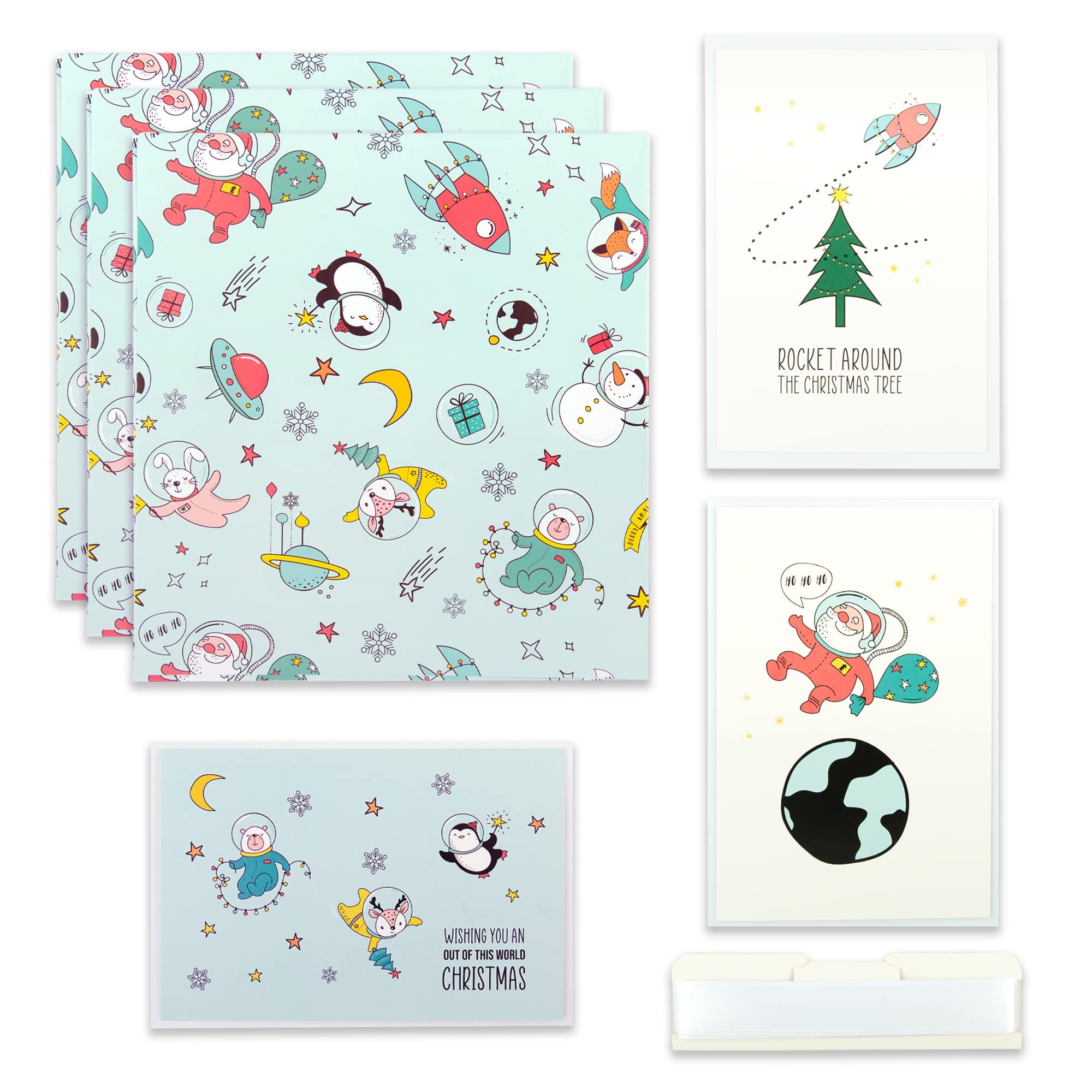Santa in Space Christmas Wrapping Paper Set - 30x20 Inch Premium Holiday Gift Wrapping Sheets with Matching Cards & Envelopes | Festive Xmas Present Packaging for Secret Santa, Office Gifts & Family Holiday Celebrations