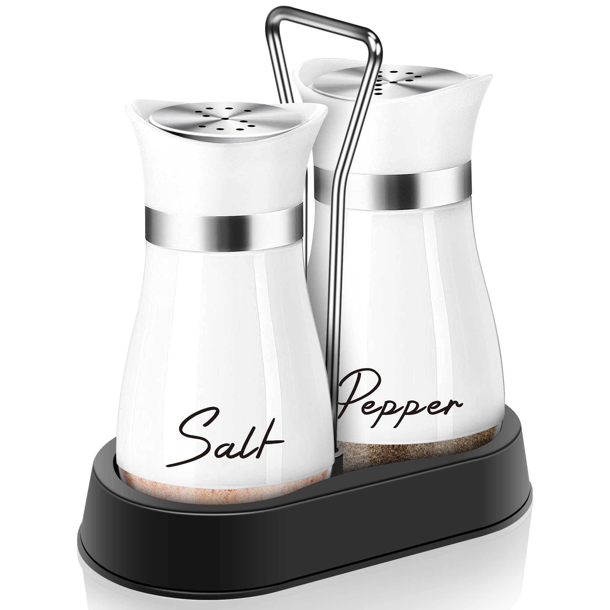 Premium White Salt and Pepper Shakers Set with Stand - 4 oz Refillable Kitchen Accessories for Restaurants, Home & Gifts - Perfect for Dining Tables, Kitchen Countertops and Housewarming Presents
