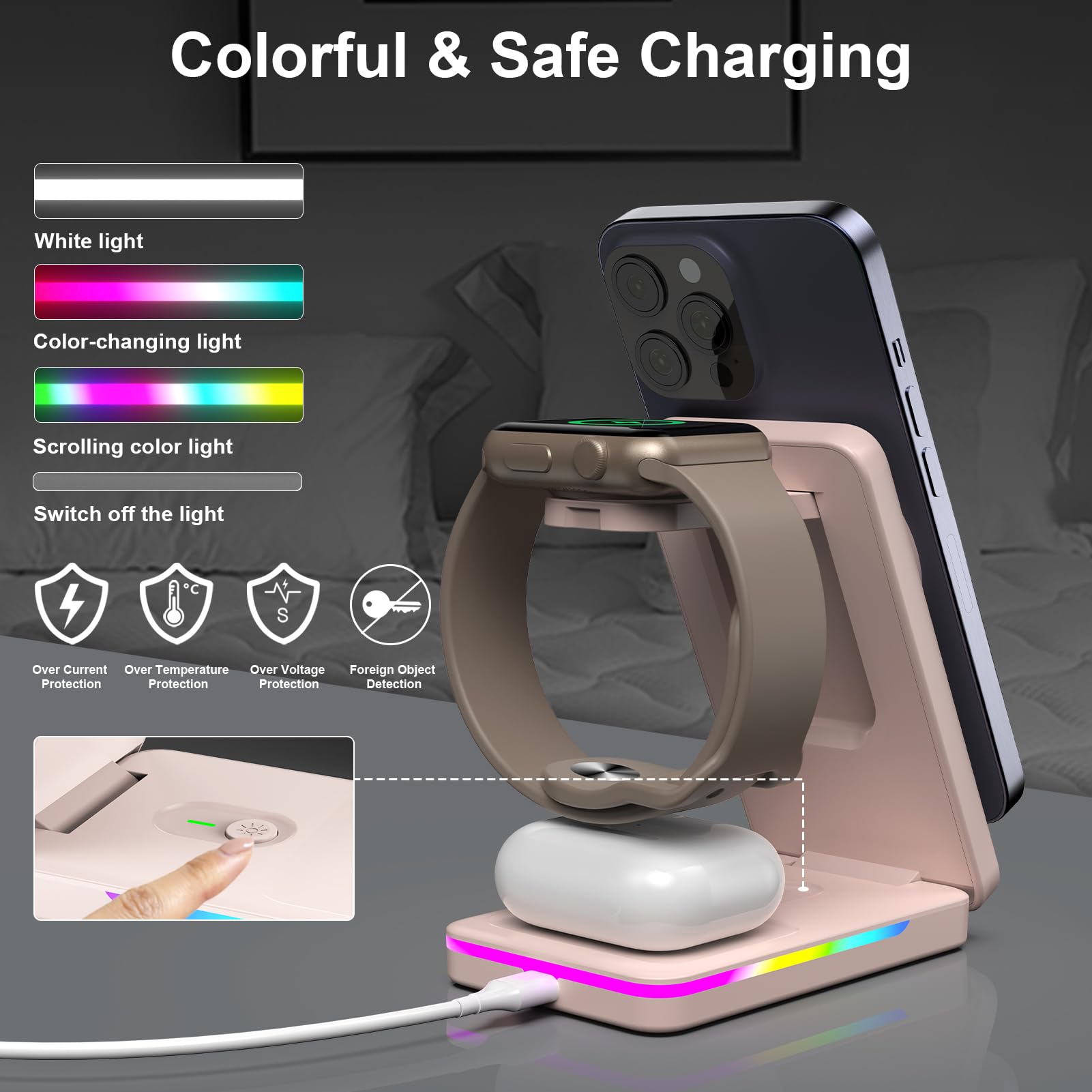 3 in 1 Magnetic Wireless Charging Station for iPhone 16/15/14/13/12, Apple Watch 10/Ultra/9/8 & AirPods Pro - Fast MagSafe Charger with Strong Alignment - Perfect for Home, Office & Travel (Pink)
