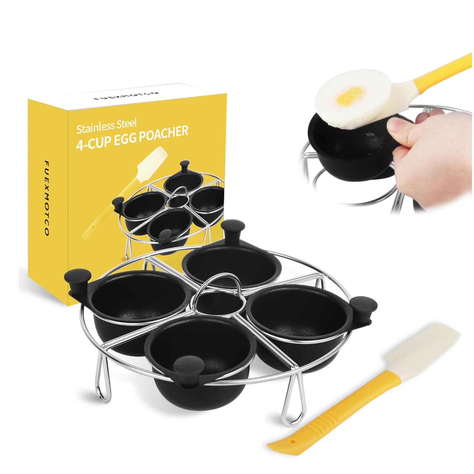 Non-Stick Egg Poacher Insert Set - 4 Stainless Steel Poaching Cups with Steamer Rack & Free Silicone Spatula | Perfect for Eggs Benedict, Breakfast Meal Prep | Compatible with Most Skillets & Pans