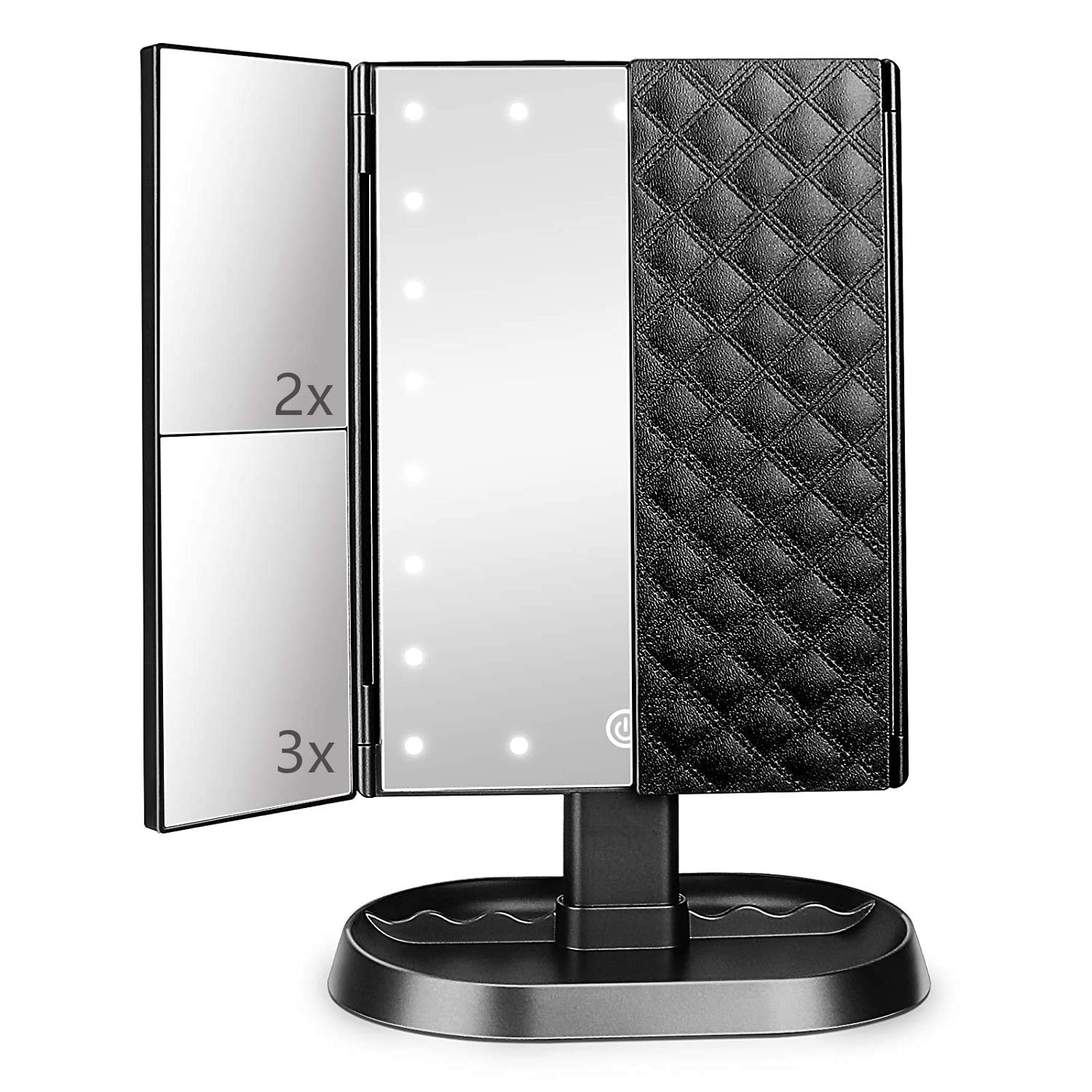 Flymiro 3-Sided LED Makeup Mirror with Touch Screen - 1X/2X/3X Magnification, 21 Adjustable Lights, Dual Power Supply, Portable Vanity Mirror for Professional & Home Makeup Application (Black) - Perfect for Bedroom, Bathroom & Travel Beauty Routine