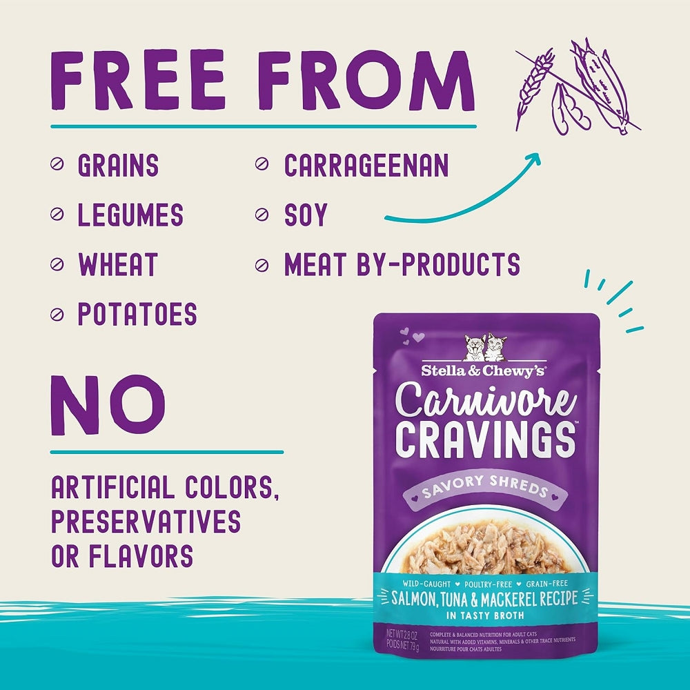 Premium Salmon, Tuna & Mackerel Cat Food Pouches - 100% Complete Balanced Diet with Savory Broth | Grain-Free Wet Cat Food for Adult & Senior Cats | Perfect for Picky Eaters & Mealtime Enrichment