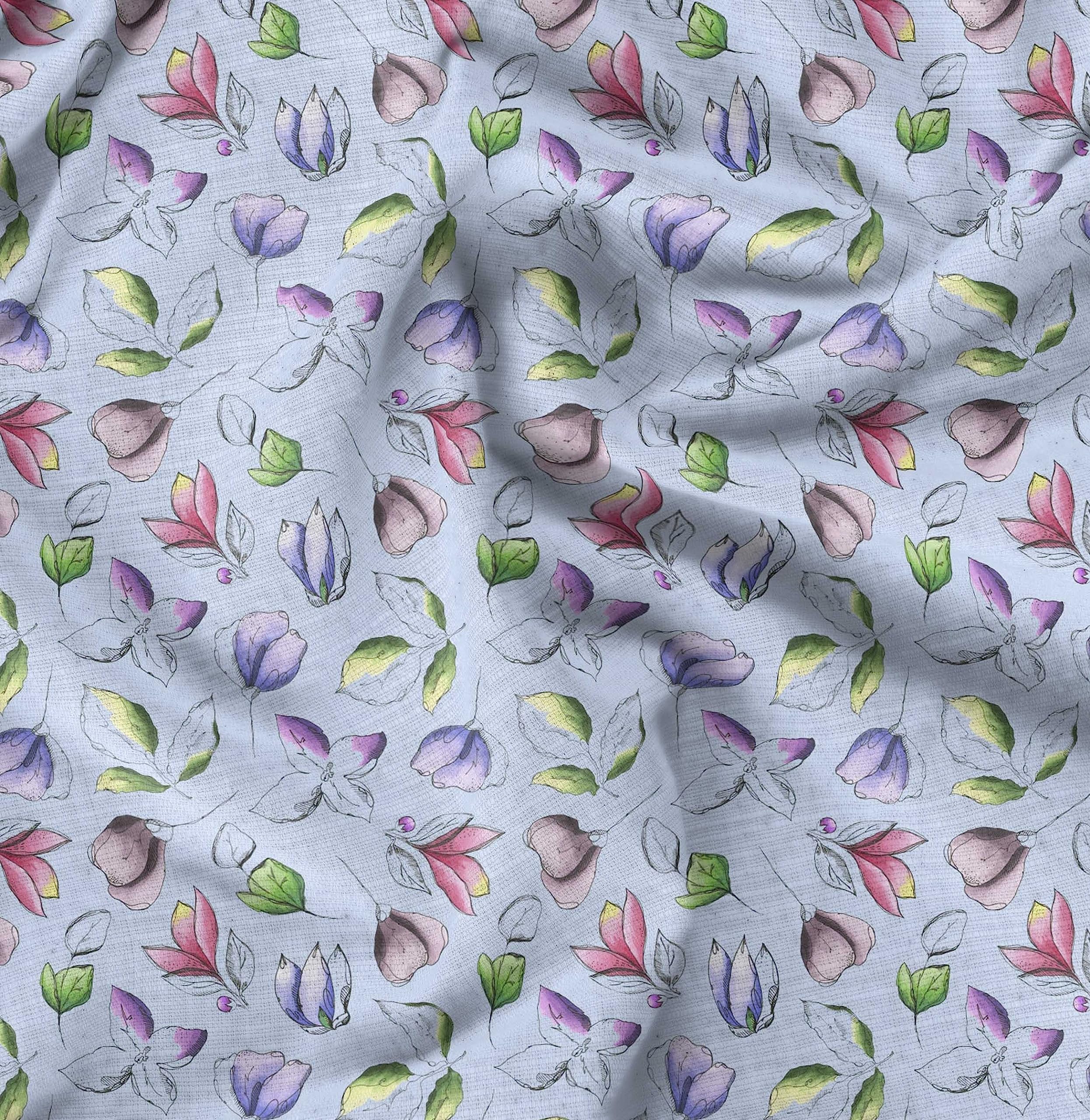 Soimoi Moss Georgette Blue Fabric by The Yard - 42 Inch Wide Printed Fabric with Artistic Leaf & Floral Patterns for DIY Fashion, Home Decor, and Craft Projects