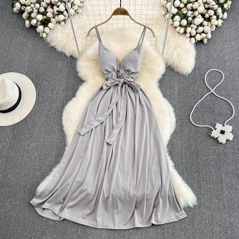 Korean Style Backless Bowknot Sling Sexy Midi Skirt for Women - Elegant Party Dress, Clubwear & Date Night Outfit - Perfect for Summer Beach, Vacations & Special Occasions