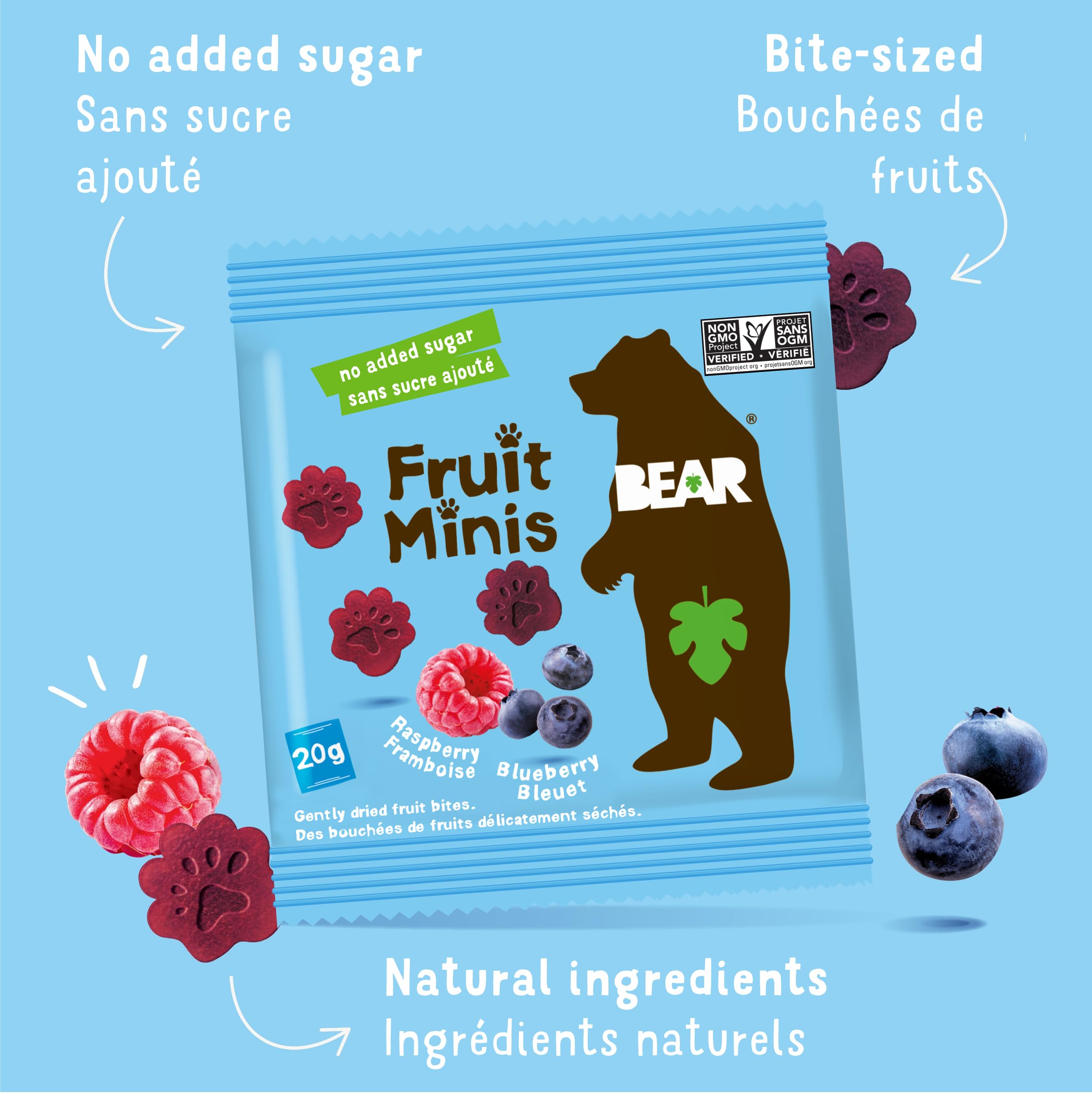 BEAR Real Fruit Snack Minis - Raspberry & Blueberry, No Added Sugar, All Natural, Non-GMO, Gluten Free, Vegan, 0.7oz (18 Pack) | Healthy Bite-Sized Snacks for Kids, Lunch Box, On-The-Go & School Snacks