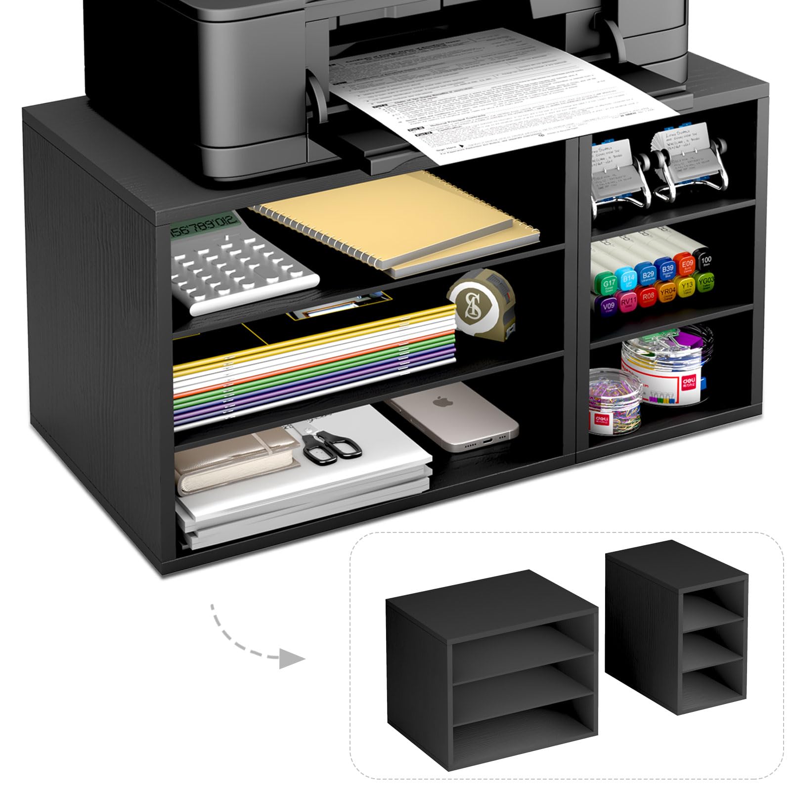 22.5x11.8 Inch Wooden Printer Stand with 6 Storage Compartments | Large Desktop Organizer Shelf for Home & Office | Perfect for Printer Riser, Paper & File Organization (Black)