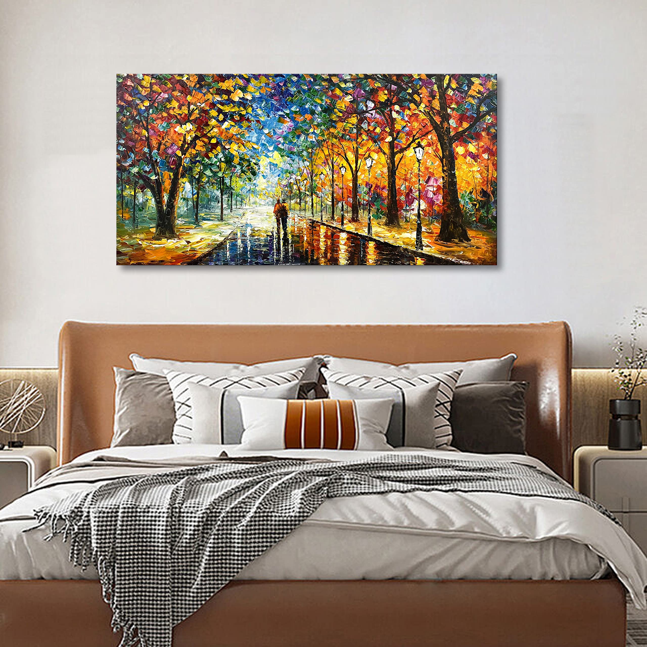 Hand-Painted Modern Park Landscape Oil Painting on Canvas - Contemporary Abstract Wall Art Decor 24x48 Inch - Perfect for Living Room, Bedroom & Office Decorations